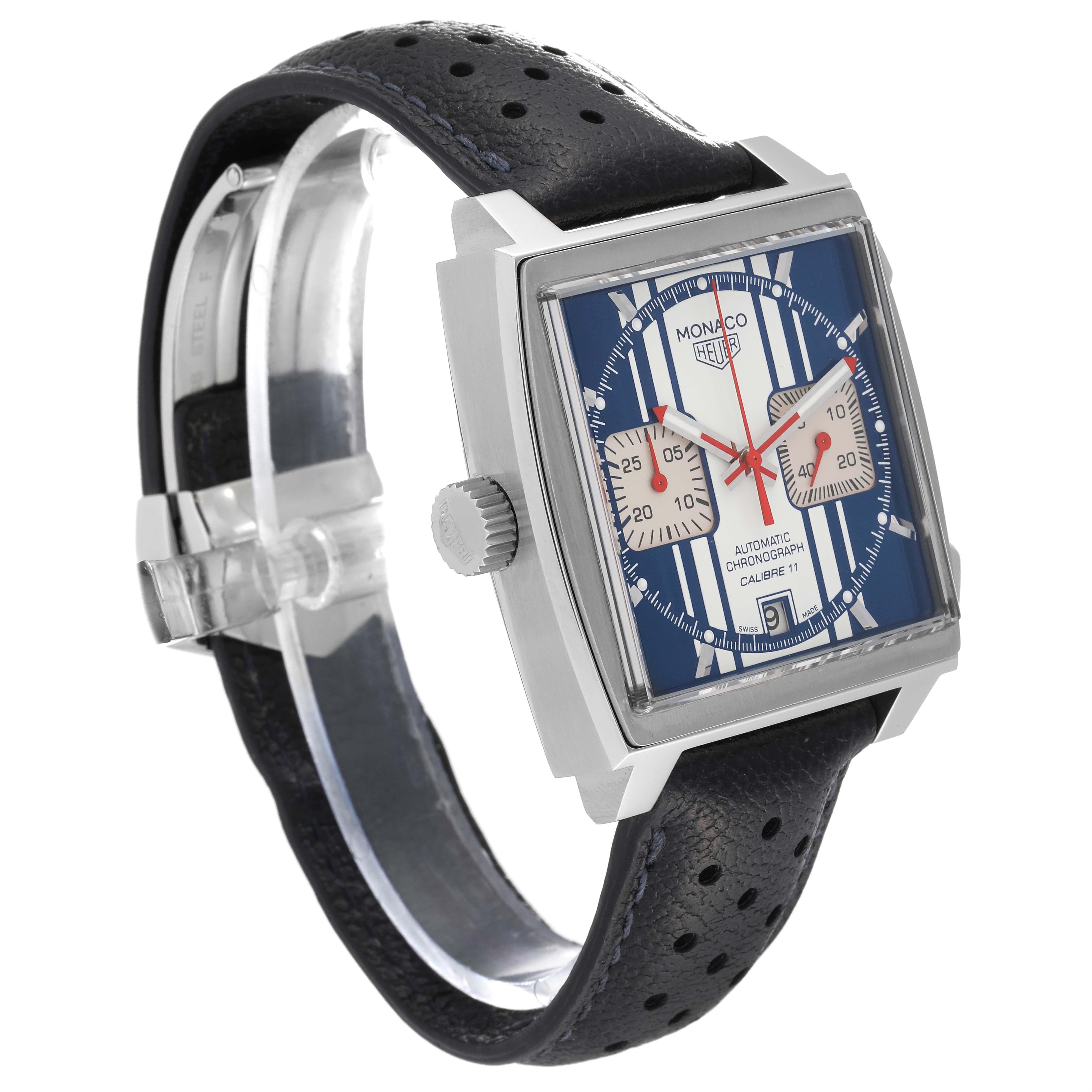Tag Heuer Monaco McQueen Limited Edition Steel Mens Watch CAW211D Box Card. Automatic self-winding movement. Alternate fine-brushed and polished square stainless steel case 39.0 x 39.0 mm. Fluted crown. Transparent exhibition sapphire crystal