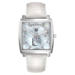 Tag Heuer Monaco MOP Diamant-Damenuhr mit weißem Riemen WAW131B