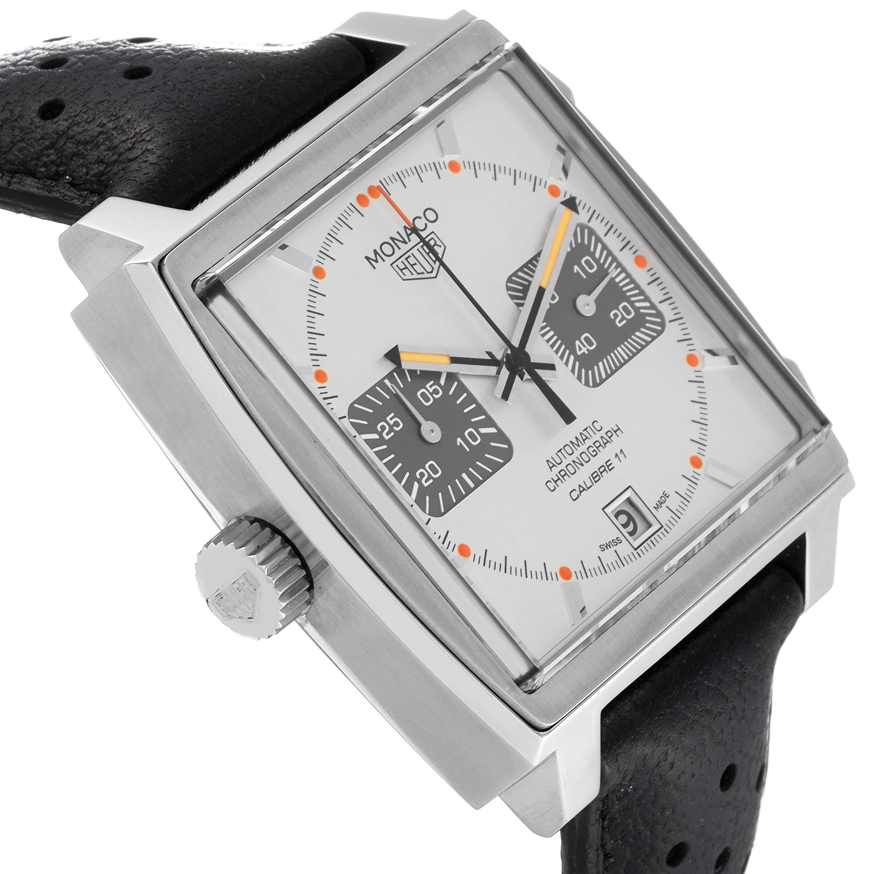 Tag Heuer Monaco Silver Dial Limited Edition Steel Mens Watch CAW211C Box Card. Automatic self-winding chronograph movement. Alternate fine-brushed and polished stainless steel case 39.0 x 39.0 mm. Fluted crown. Exhibition transparent sapphire