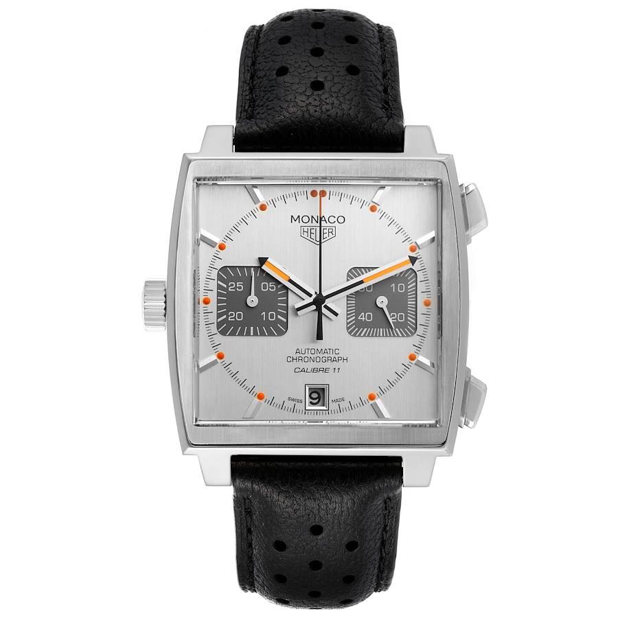 Tag Heuer Monaco Silver Dial Limited Steel Mens Watch CAW211C Box Papers. Automatic self-winding chronograph movement. Alternate fine-brushed and polished stainless steel case 39.0 x 39.0 mm. Fluted crown. Exhibition transparent sapphire crystal