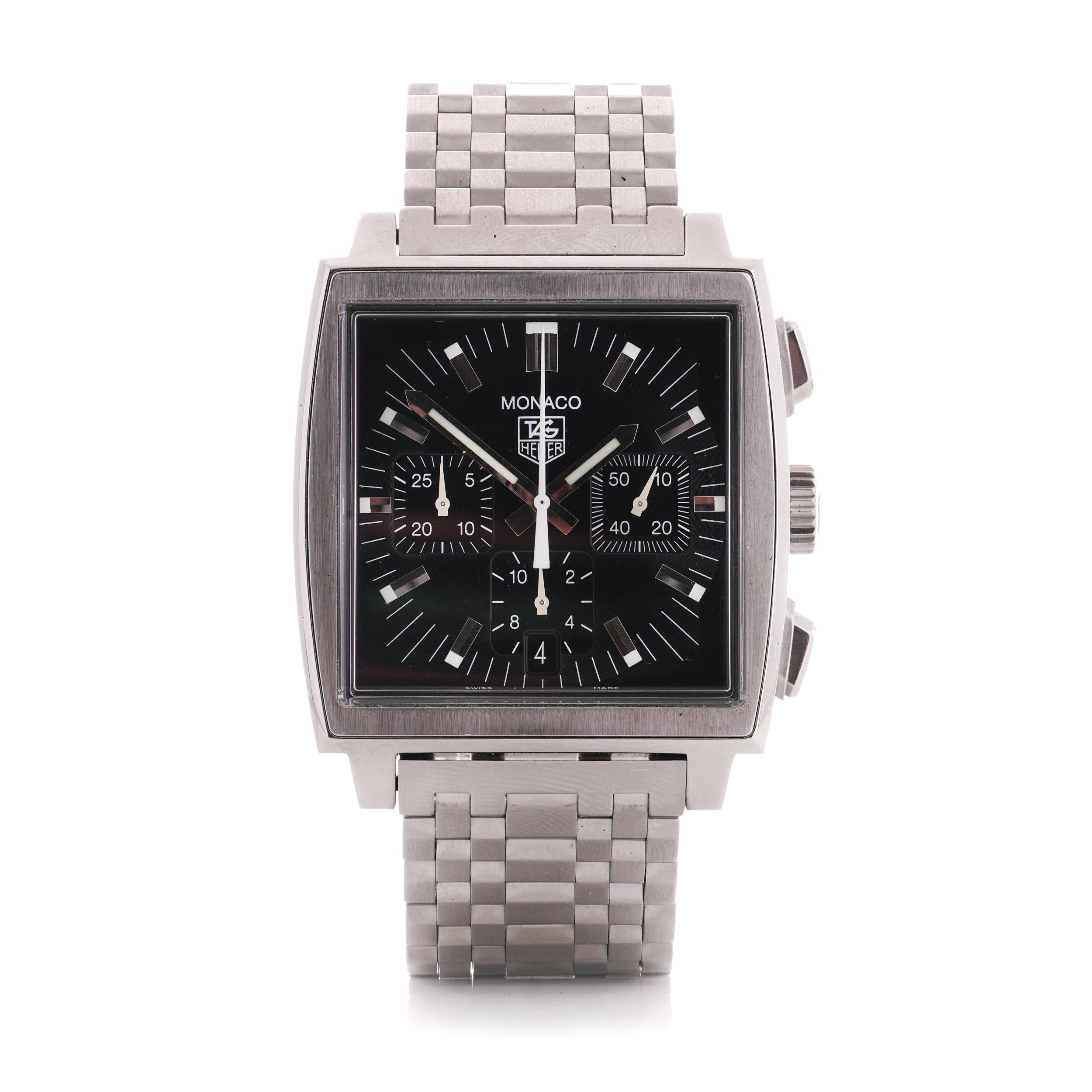 Tag Heuer Monaco steel 38 mm case black dial men's automatic wristwatch CW2111 For Sale 3