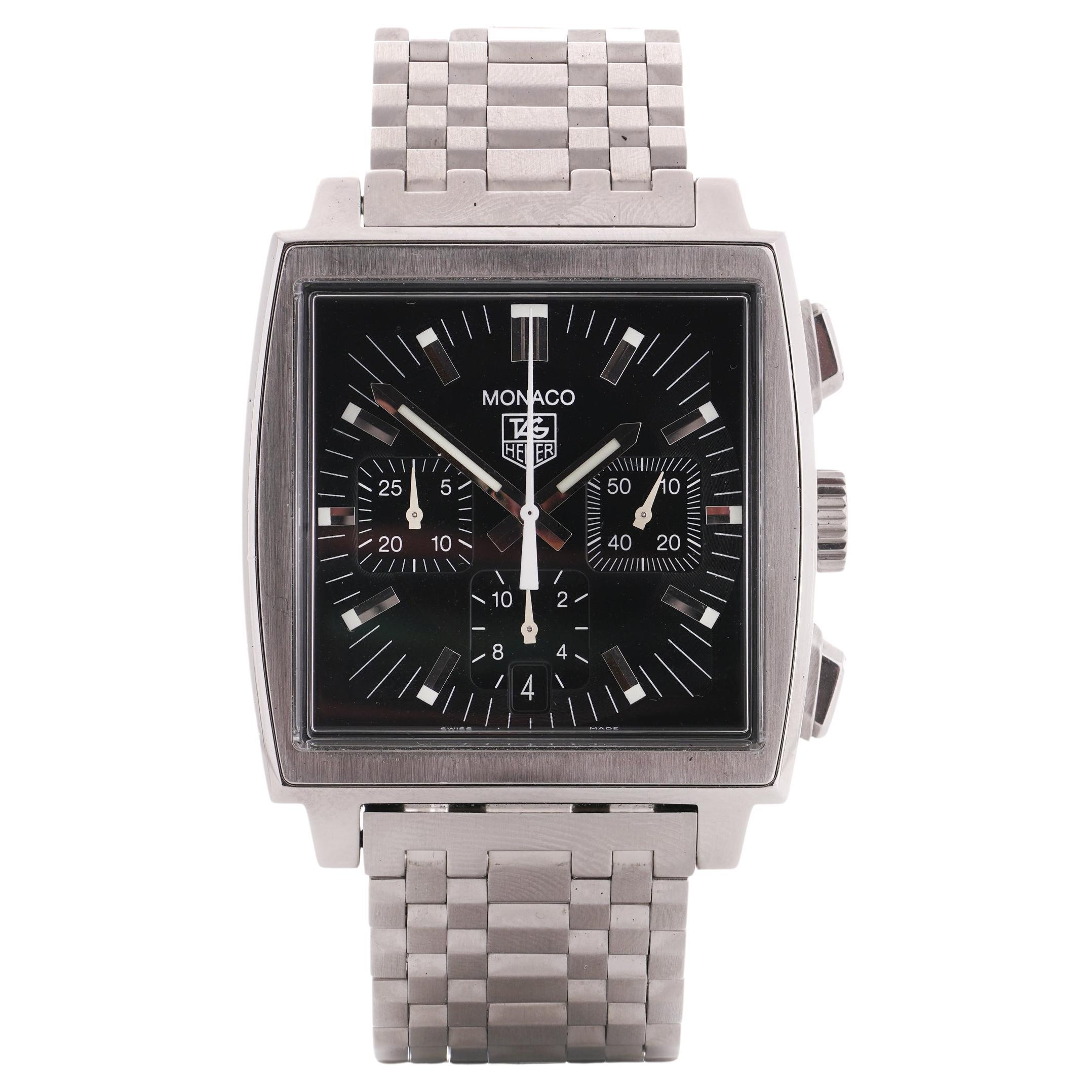 Tag Heuer Monaco steel 38 mm case black dial men's automatic wristwatch CW2111 For Sale