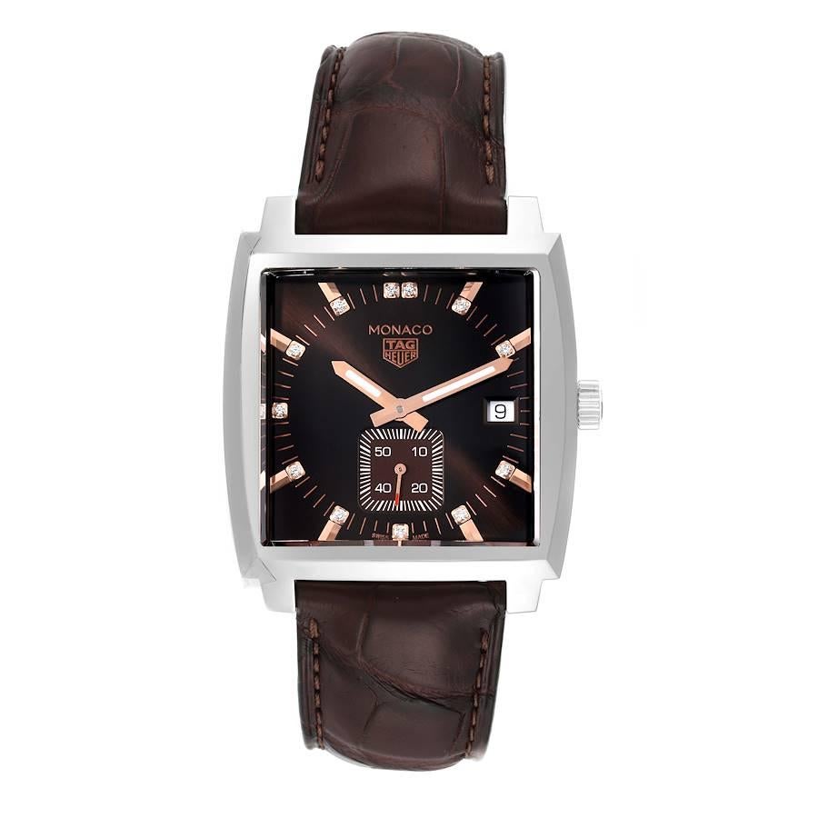 Tag Heuer Monaco Steel Brown Diamond Dial Mens Watch WAW131E Box Card. Quartz movement. Polished and brushed stainless steel case 37.0 x 37.0 mm. Stainless steel bezel. Scratch resistant sapphire crystal. Brown dial with original Tag Heuer factory