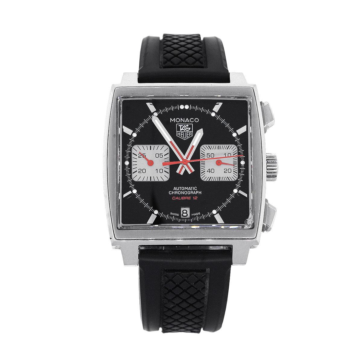 Brand: Tag Heuer
Model: Monaco
Case Diameter: 39mm
Bezel: Fine stainless steel bezel
Dial: Black dial with minute chronograph counter at 9 o’clock and running second counter at 3 o’clock
Bracelet: Black textured Rubber strap
Crystal: Sapphire, there
