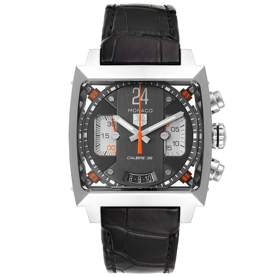 Tag Heuer Monaco Twenty Four Chronograph Mens Watch CAL5112 Box Papers. Automatic self-winding movement. Stainless steel case 40.5 x 40.5 mm. Transperent sapphire crystal case back. Stainless steel smooth bezel. Scratch resistant sapphire crystal.