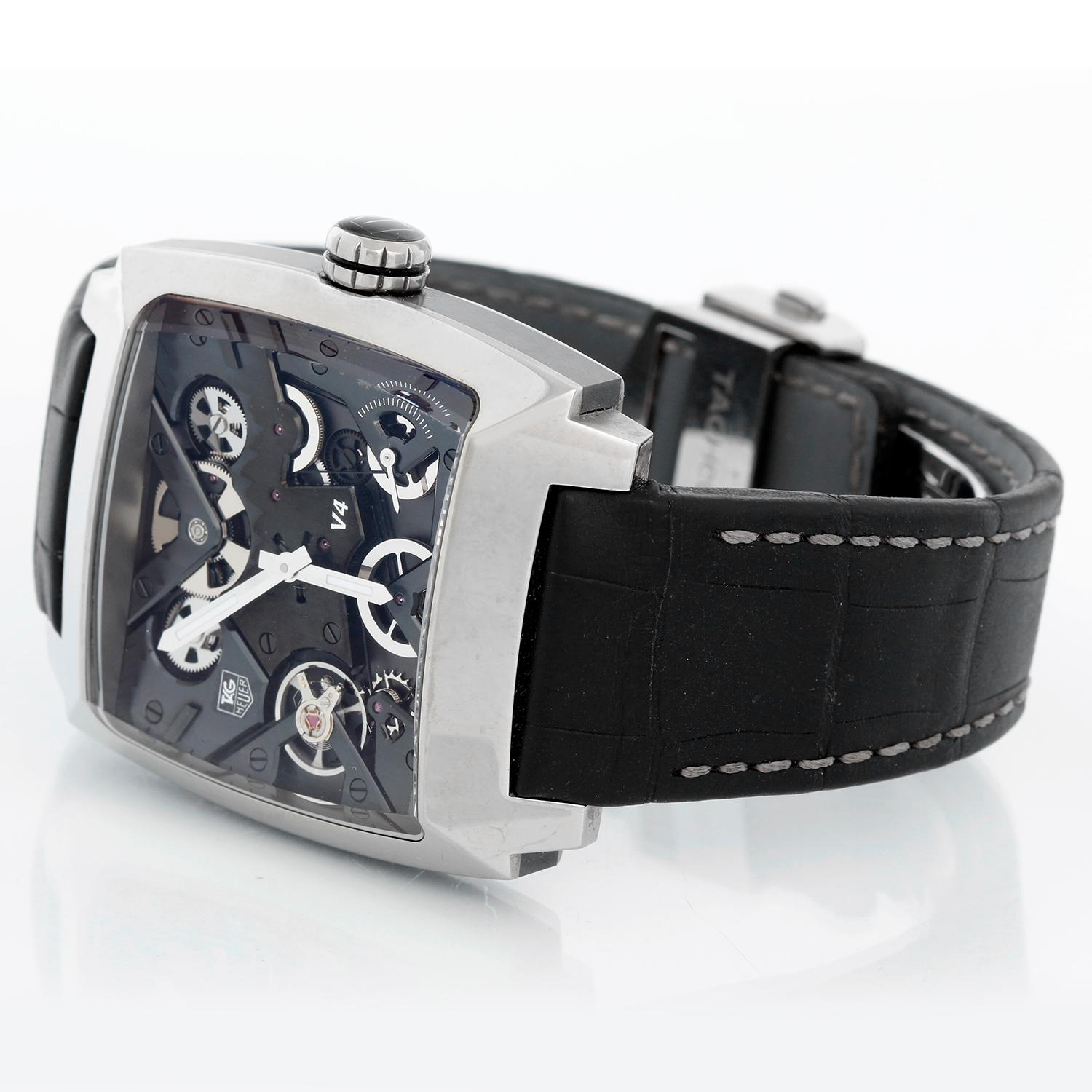 Tag Heuer Monaco V4 Limited Edition Men's Watch WAW2080.FC6288 - Movement consist of 4 barrels mounted on ball bearings, pinions and belts. Polished titanium case with fine brushed ceramic (41 mm) with sapphire back. Skeleton dial. Black alligator