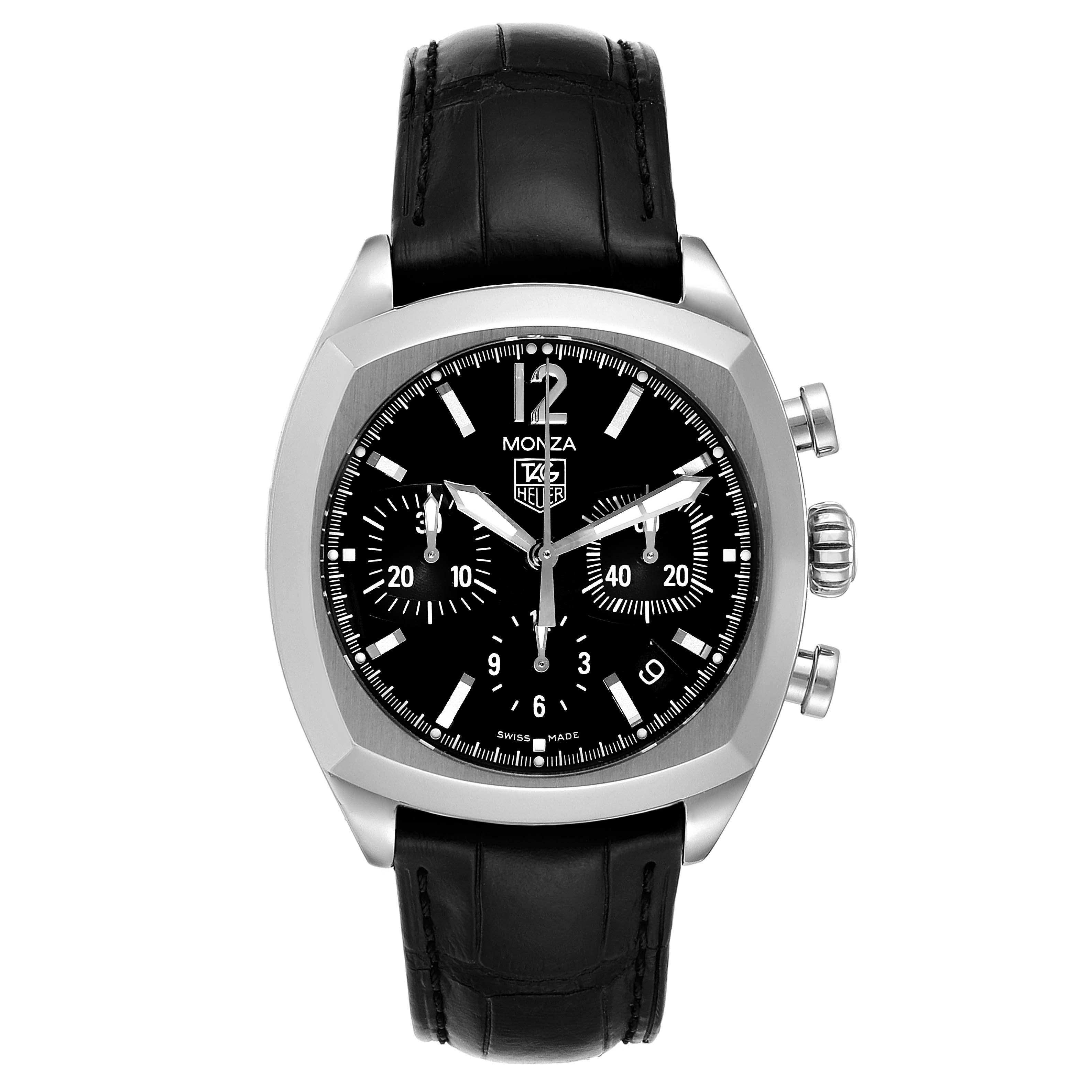 Tag Heuer Monza Black Dial Chronograph Steel Mens Watch CR2113 Box Card. Automatic self-winding chronograph movement. Polished and satin finished stainless steel cushion shape case 37 x 37 mm. Stainless steel inclined bezel. Scratch resistant