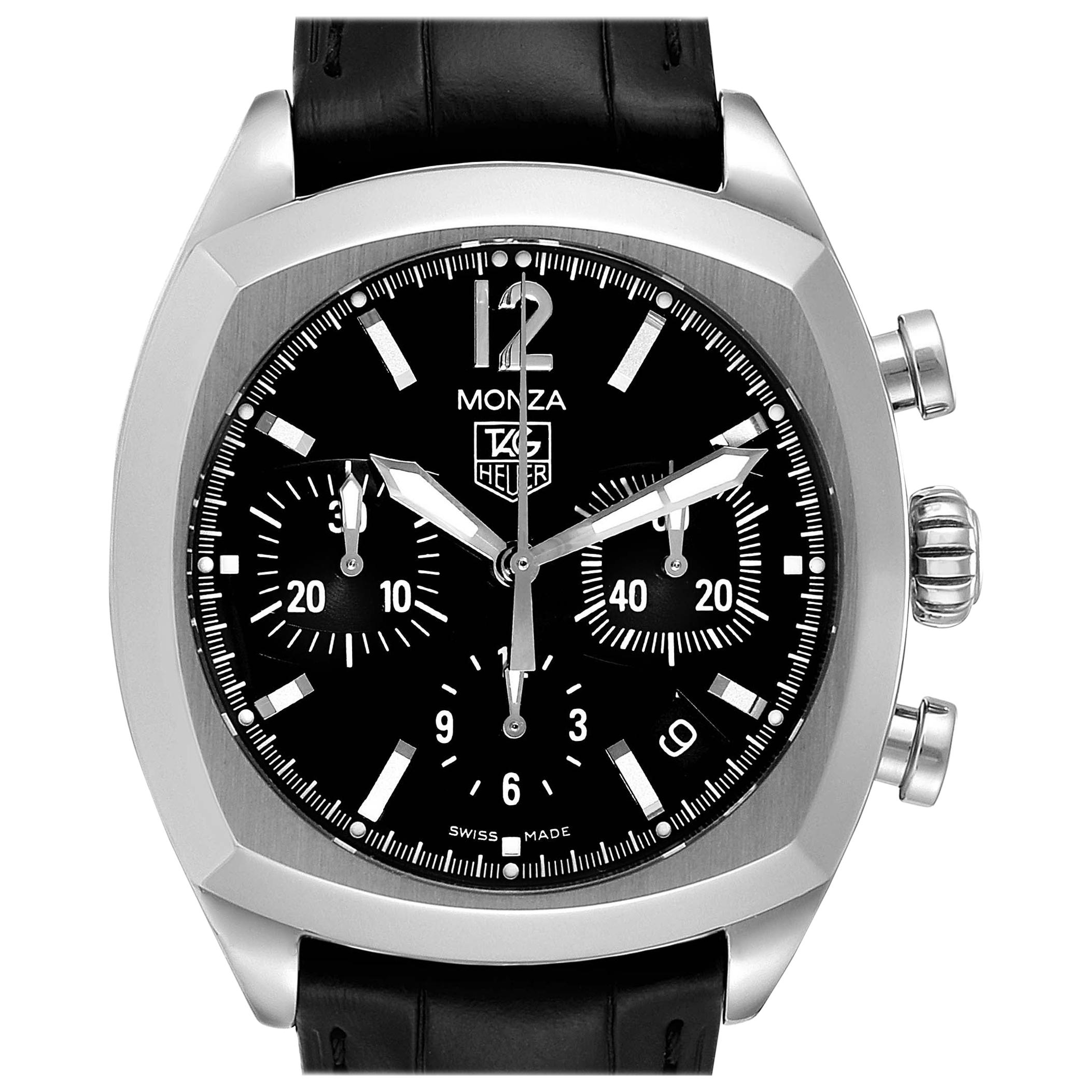 TAG Heuer Monza Black Dial Chronograph Steel Men's Watch CR2113 Box Card For Sale