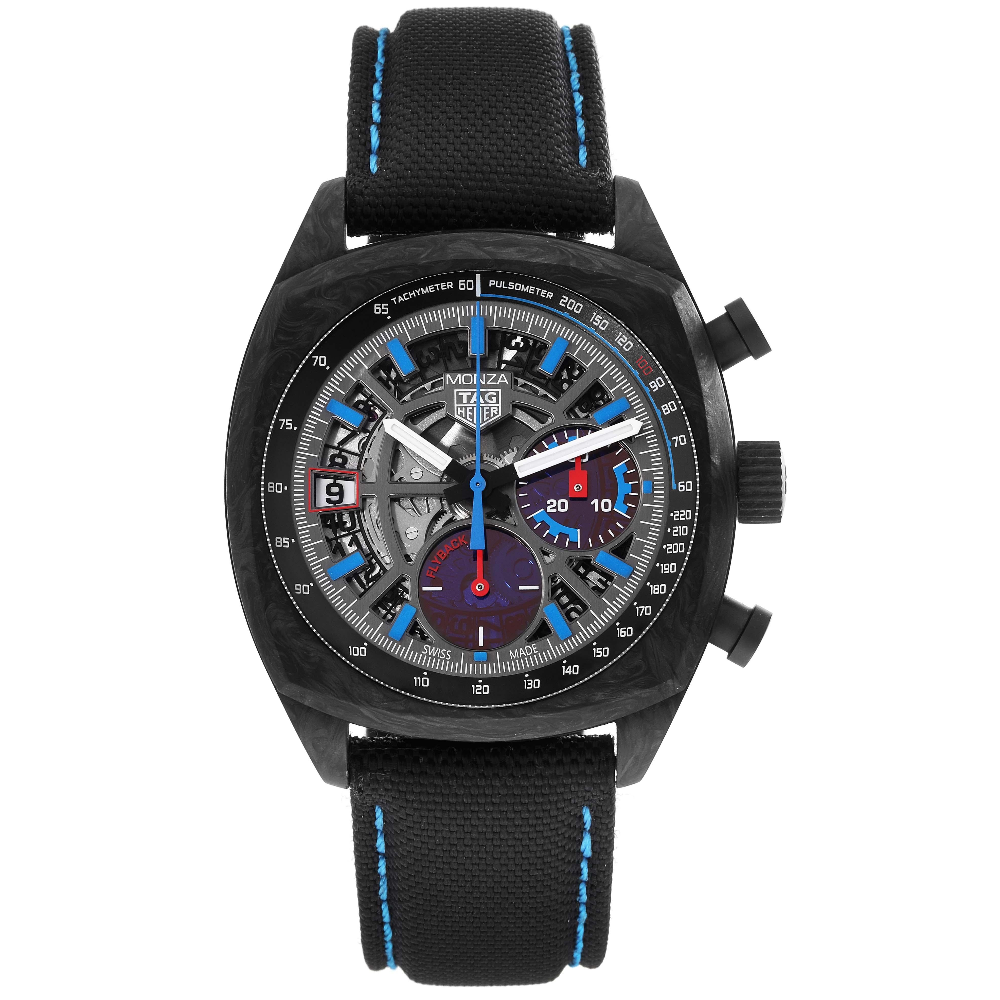 Tag Heuer Monza Flyback Chronometer Carbon Mens Watch CR5090 Unworn. Automatic self-winding chronograph movement. Carbon cushion shaped 42mm case. PVD titanium and exhibition transparent sapphire crystal caseback. . Scratch resistant sapphire