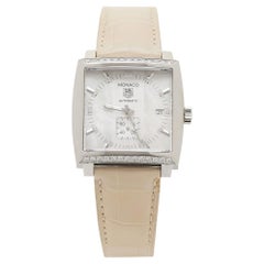 Montre-bracelet pour femme Monaco Tag Heuer en acier et cuir avec nacre et diamants, 37 mm