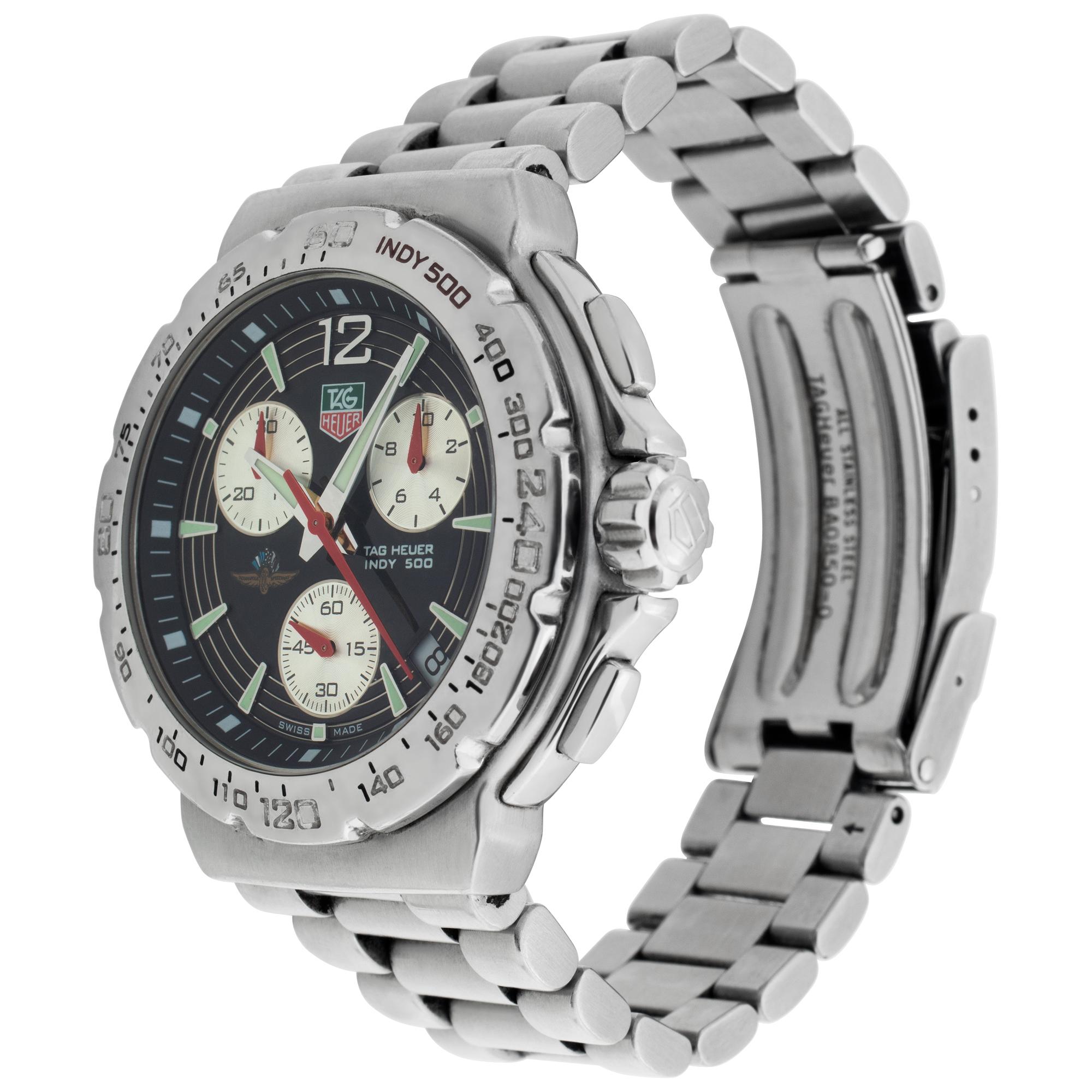 Tag Heuer Chronograph Indy 500 in stainless steel. Quartz, with date and sub-seconds. 38 mm case size. Ref CAC111B. Circa 1990s. Fine Pre-owned Tag Heuer Watch. Certified preowned Sport Tag Heuer CAC111B watch is made out of Stainless steel on a
