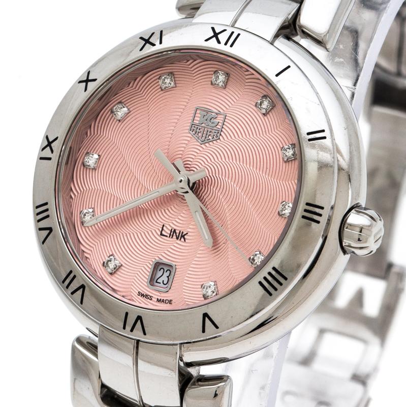 Tag Heuer Pink Stainless Steel Diamonds Link WAT1313 Women's Wristwatch 34.50 mm In Good Condition In Dubai, Al Qouz 2