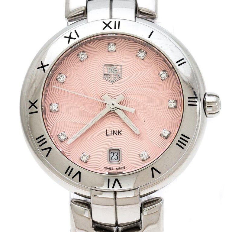 Tag Heuer Pink Stainless Steel Diamonds Link WAT1313 Women's Wristwatch 34.50 mm In Good Condition For Sale In Dubai, Al Qouz 2