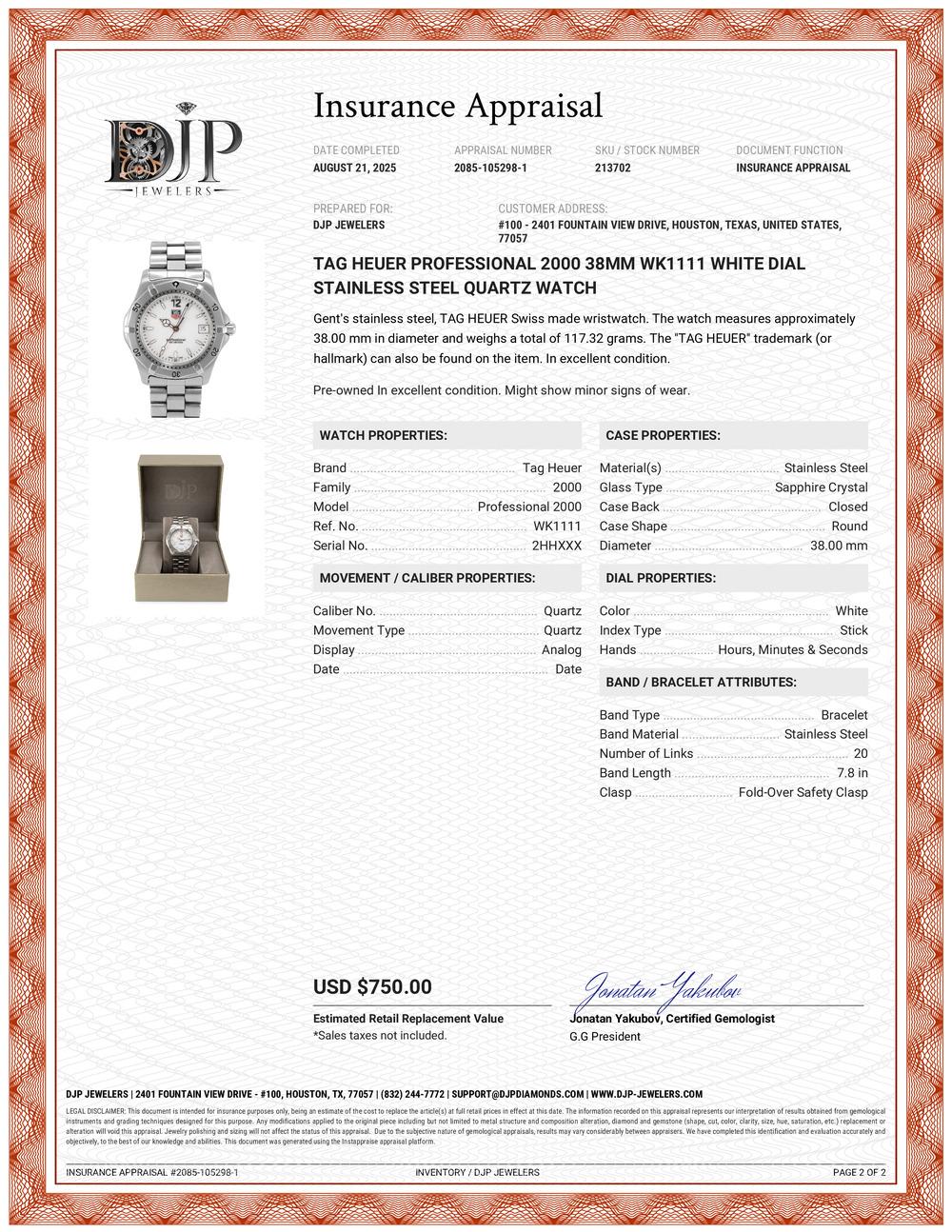 Tag Heuer Professional 2000 38MM WK1111 White Dial Stainless Steel Quartz Watch For Sale 4