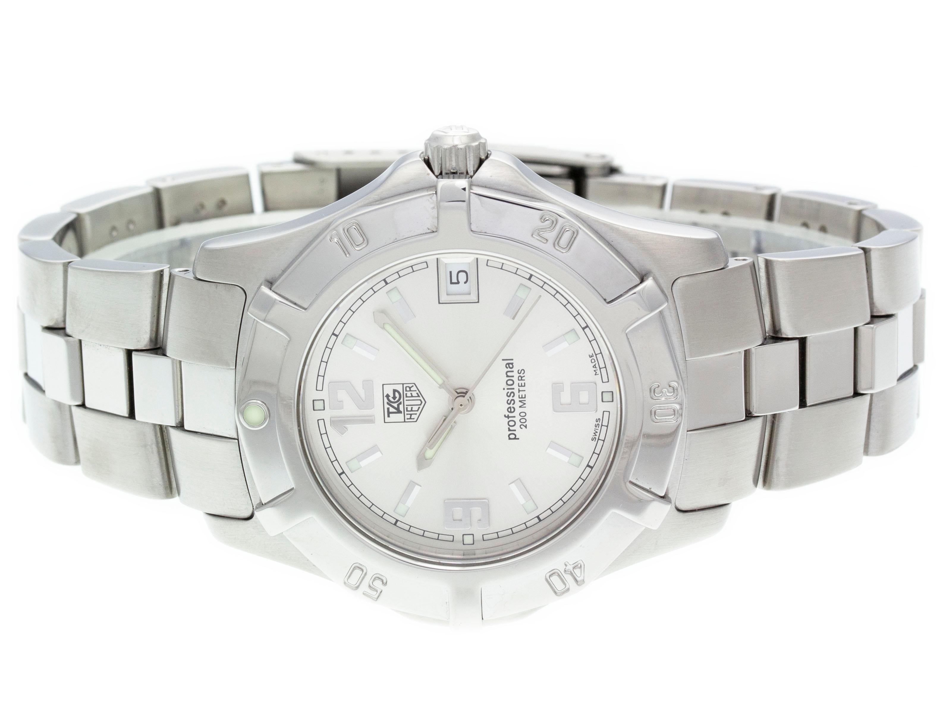 Stainless steel Tag Heuer Professional 2000 Exclusive quartz watch with a 39mm case, silver dial, and bracelet with folding clasp. Features include hours, minutes, seconds and date. Comes with a Gift Box and 2 Year Store Warranty.​

Brand	Tag
