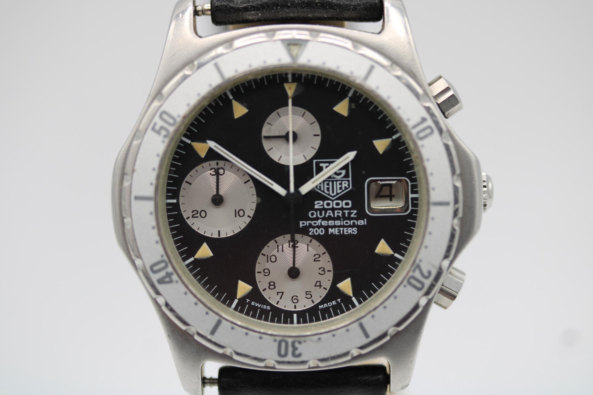 Unusual to find this early 2000’s Tag Heuer Professional 2000 Quartz model reference 272.006 with a black dial. Quartz powered with a recent battery change.

This Tag Heuer Professional has a 38mm stainless steel case with steel rotating bezel.