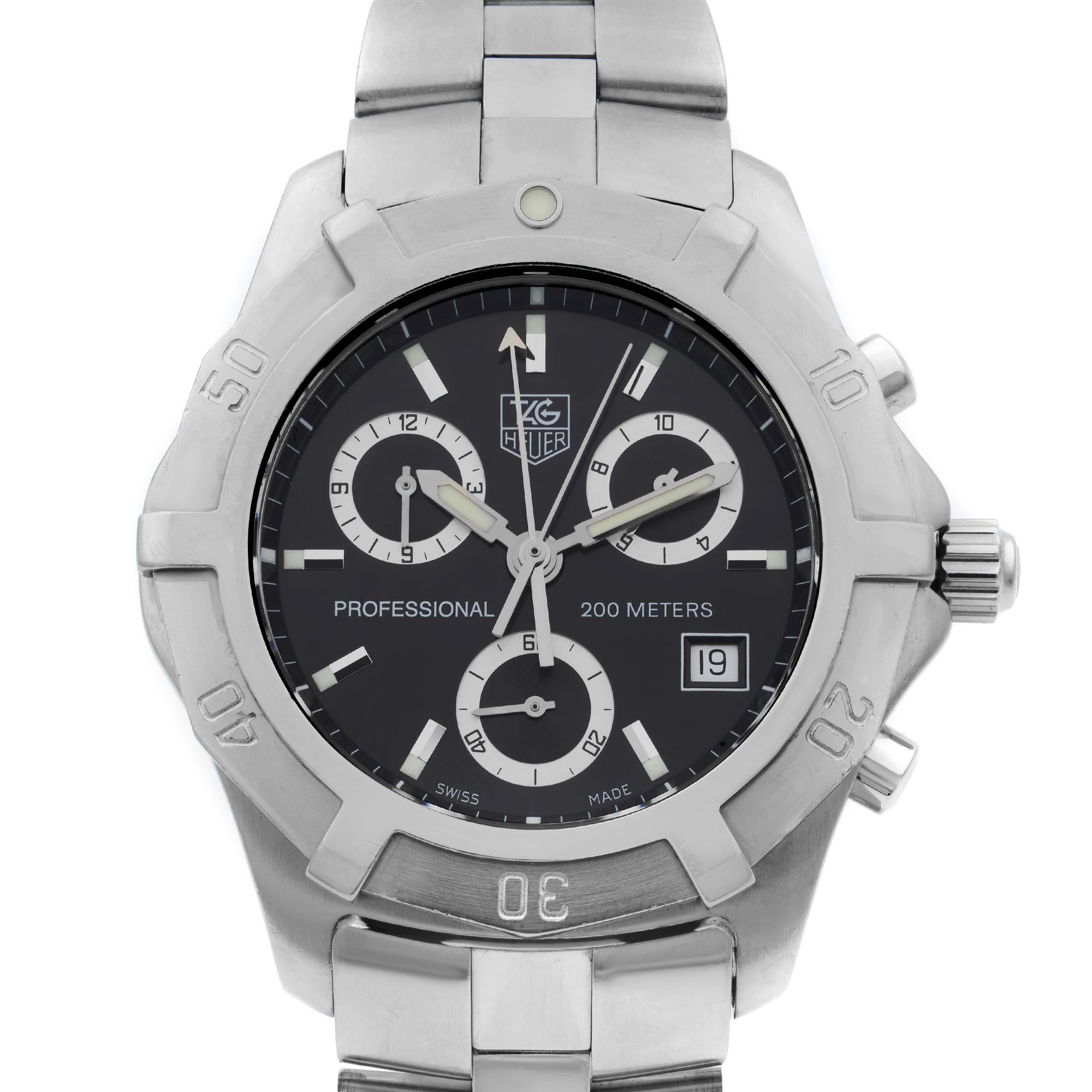 This pre-owned TAG Heuer Professional 2000 CN111F.BA0337 is a beautiful men's timepiece that is powered by quartz (battery) movement which is cased in a stainless steel case. It has a round shape face, chronograph, date indicator, small seconds