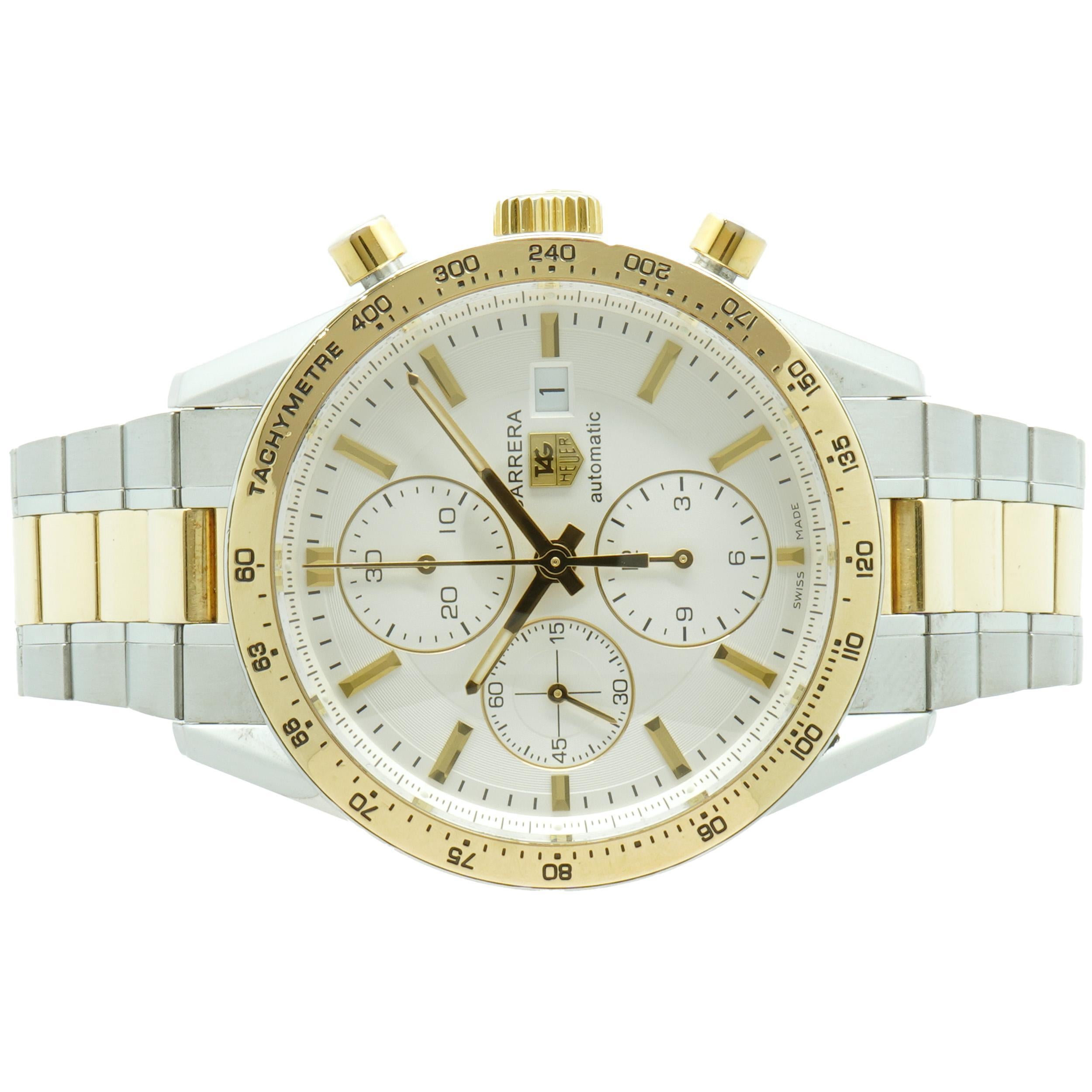Movement: automatic
Function: hours, minutes, seconds, date, chronograph
Case: 41mm round stainless steel case, 18K yellow gold tachymeter bezel
Dial: white chronograph with sticks
Band: stainless steel & 18K yellow gold bracelet,