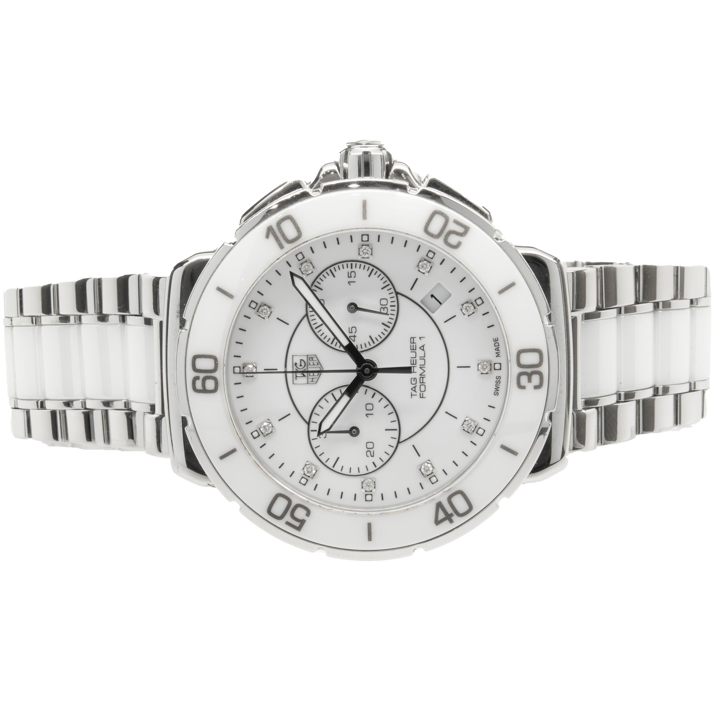 Movement: quartz
Function: hours, minutes, seconds, chronograph
Case: 41mm round case, push/pull crown, sapphire crystal, ceramic timing bezel
Dial: white diamond chronograph dial
Band: stainless steel & ceramic bracelet, deployment