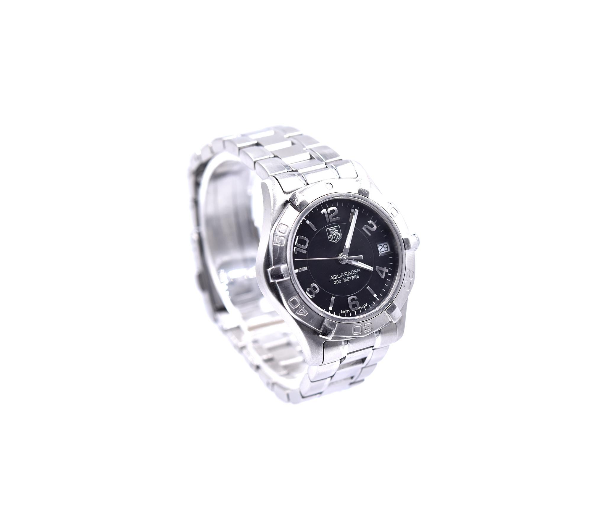 Function: hours, minutes, seconds, date
Case: 32mm stainless steel case, sapphire crystal, push/pull crown, rotating bezel
Dial: black dial, sub seconds, luminescent hands
Band: Tag Heuer stainless steel bracelet with deployment clasp
Serial#:
