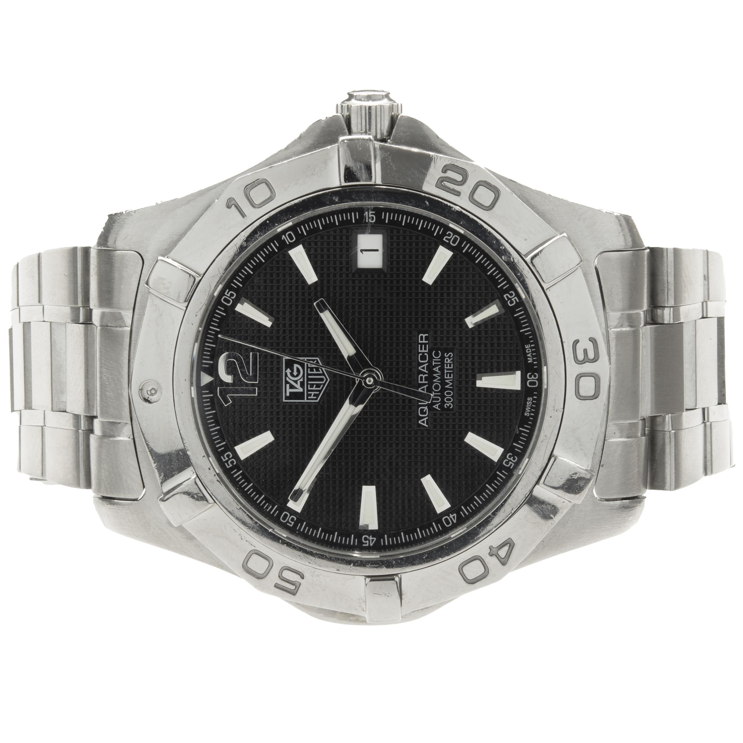 Movement: automatic
Function: hours, minutes, seconds, date
Case: 43mm round case, push/pull crown, sapphire crystal, uni-directional rotating bezel
Dial: black stick
Band: Tag Heuer stainless steel bracelet, deployment clasp
Reference#: