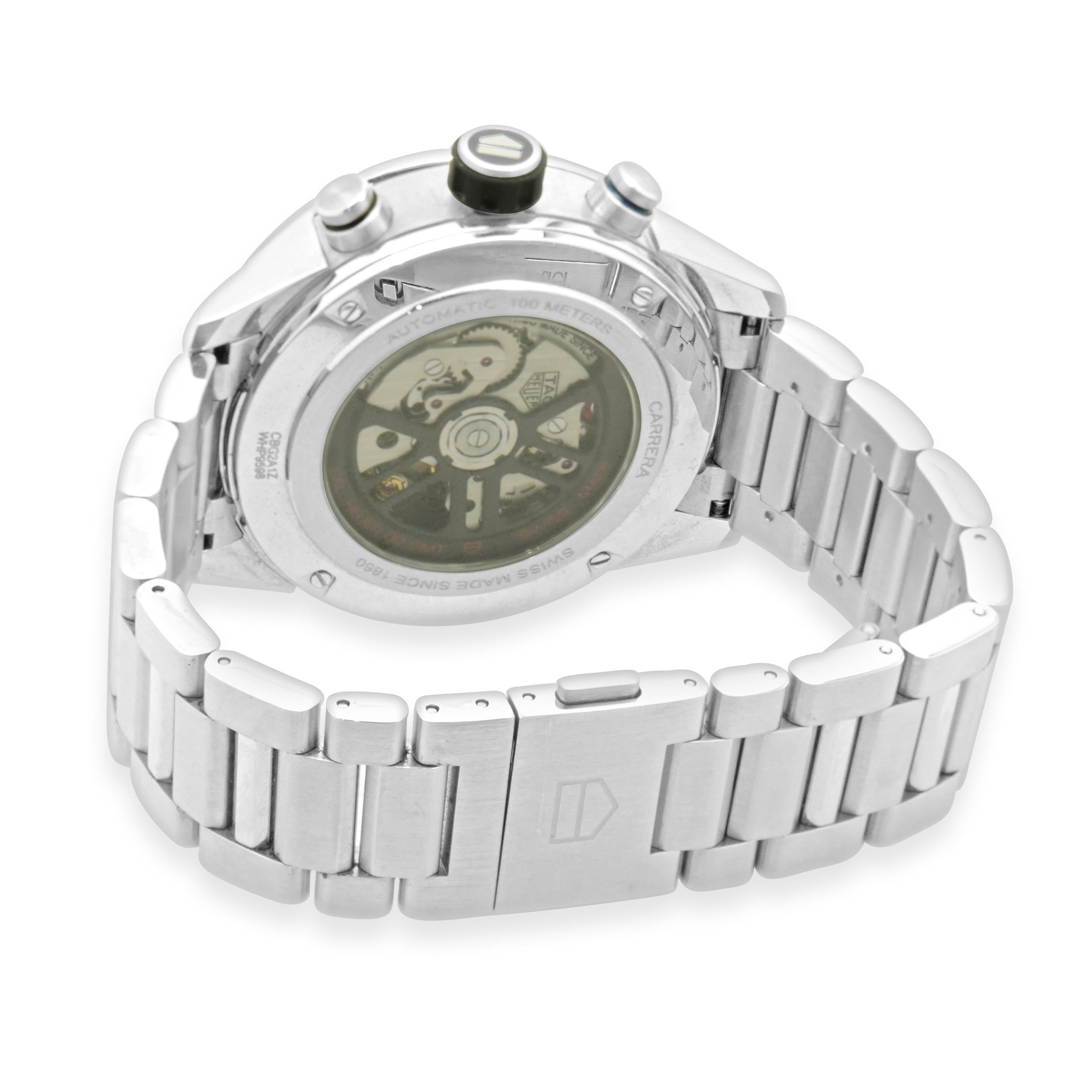 Movimiento: automático
Función: horas, minutos, fecha, cronógrafo
Caja: caja redonda de acero inoxidable de 45 mm, bisel GMT de cerámica negra y azul
Esfera: negra esqueleto
Banda: brazalete de acero inoxidable
Número de serie: WHA9XXX
Referencia#: