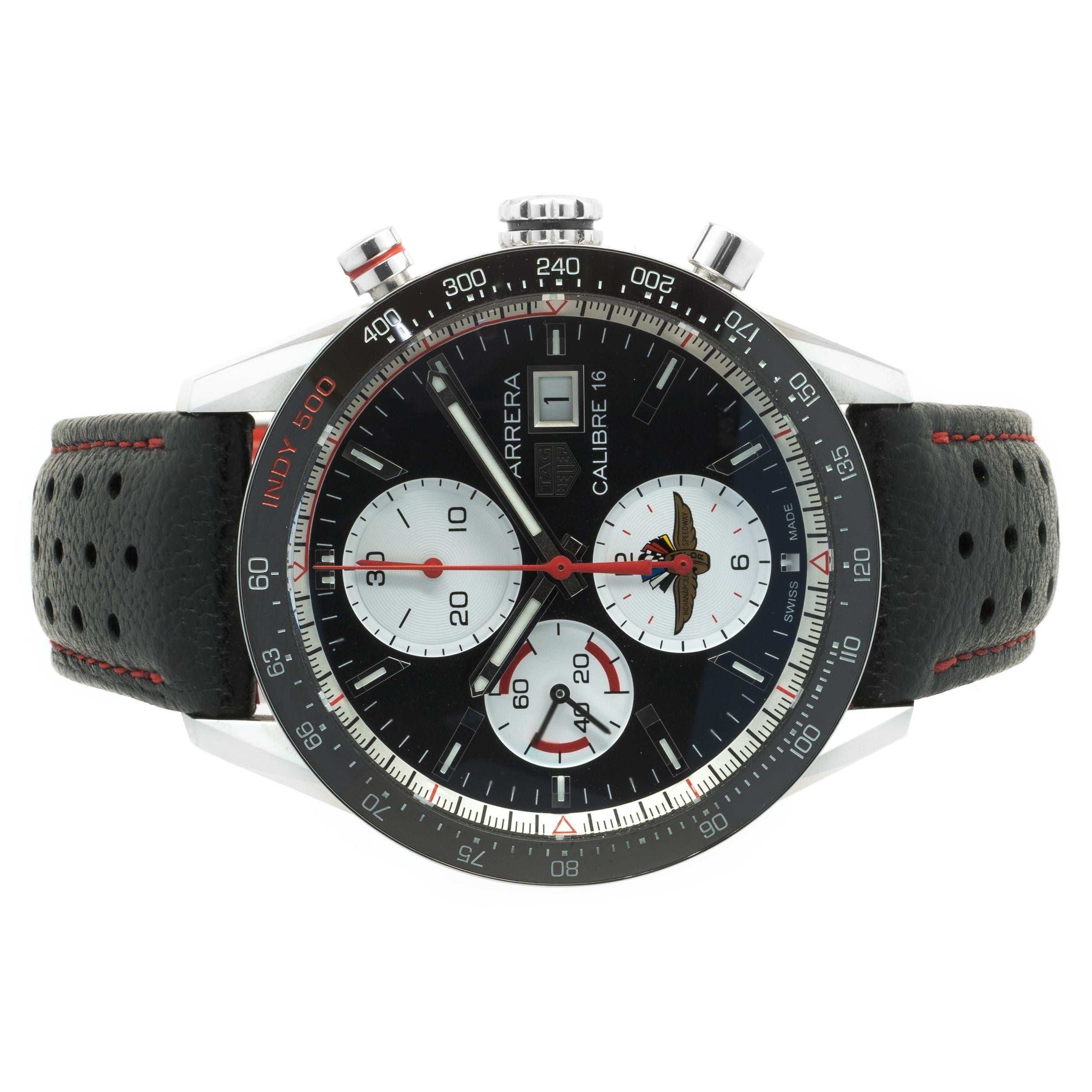 Movement: automatic
Function: hours, minutes, seconds, date, chronograph
Case: 41mm round case with black ceramic tachymeter bezel
Dial: black chronograph dial, white sub-dials
Band: Tag Heuer black perforated calfskin leather strap with red