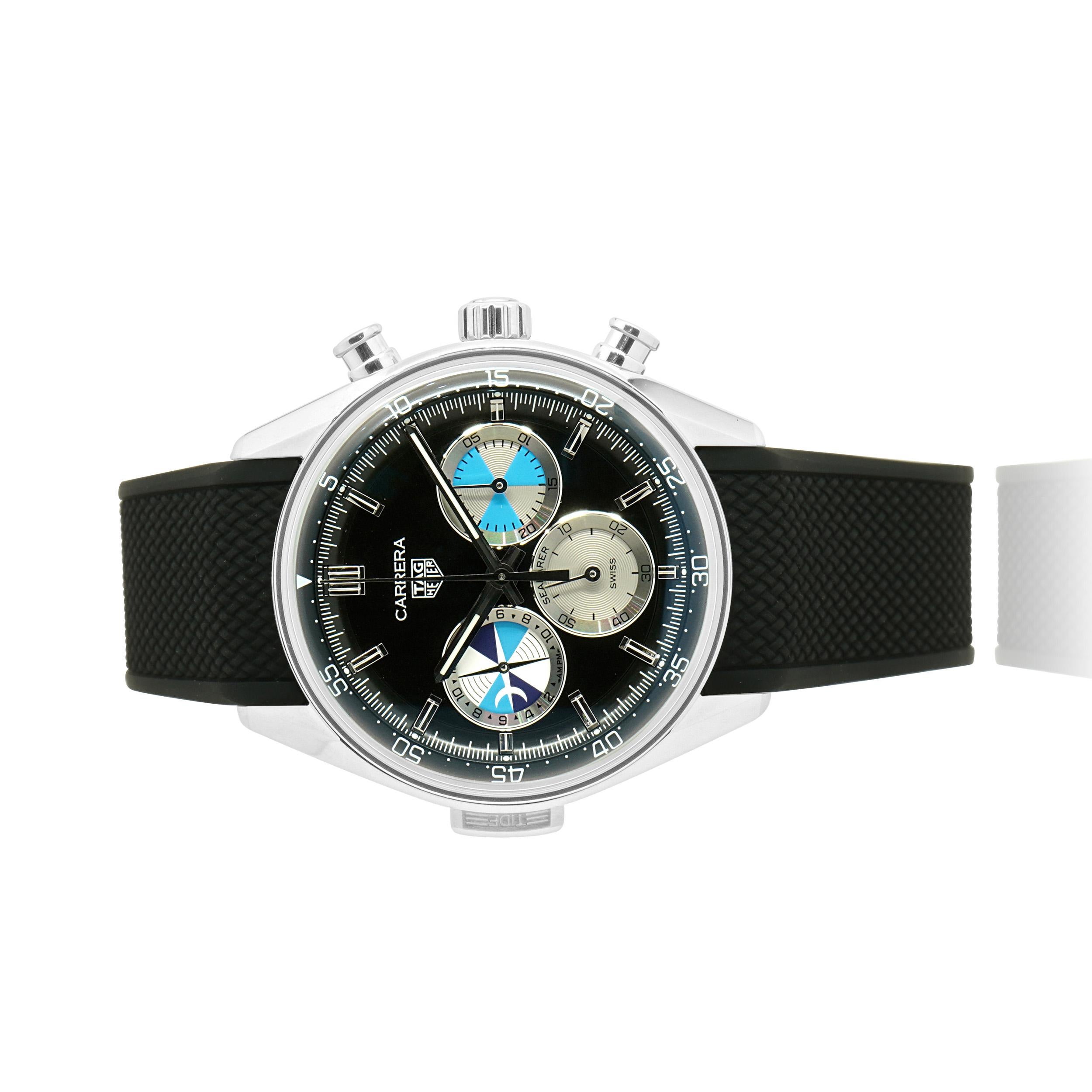 Movement: automatic
Function: hours, minutes, seconds, chronograph, tide indicator
Case: 42mm stainless steel case, fixed bezel
Dial: black w/ silver sub dials
Band: black rubber strap
Serial#: BWT3091
Reference#: CBS2014.FT6XXX

Complete with