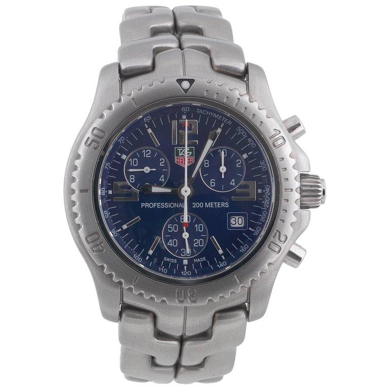 TAG Heuer Stainless Steel Chronograph Blue Dial Quartz Wristwatch For Sale  at 1stDibs