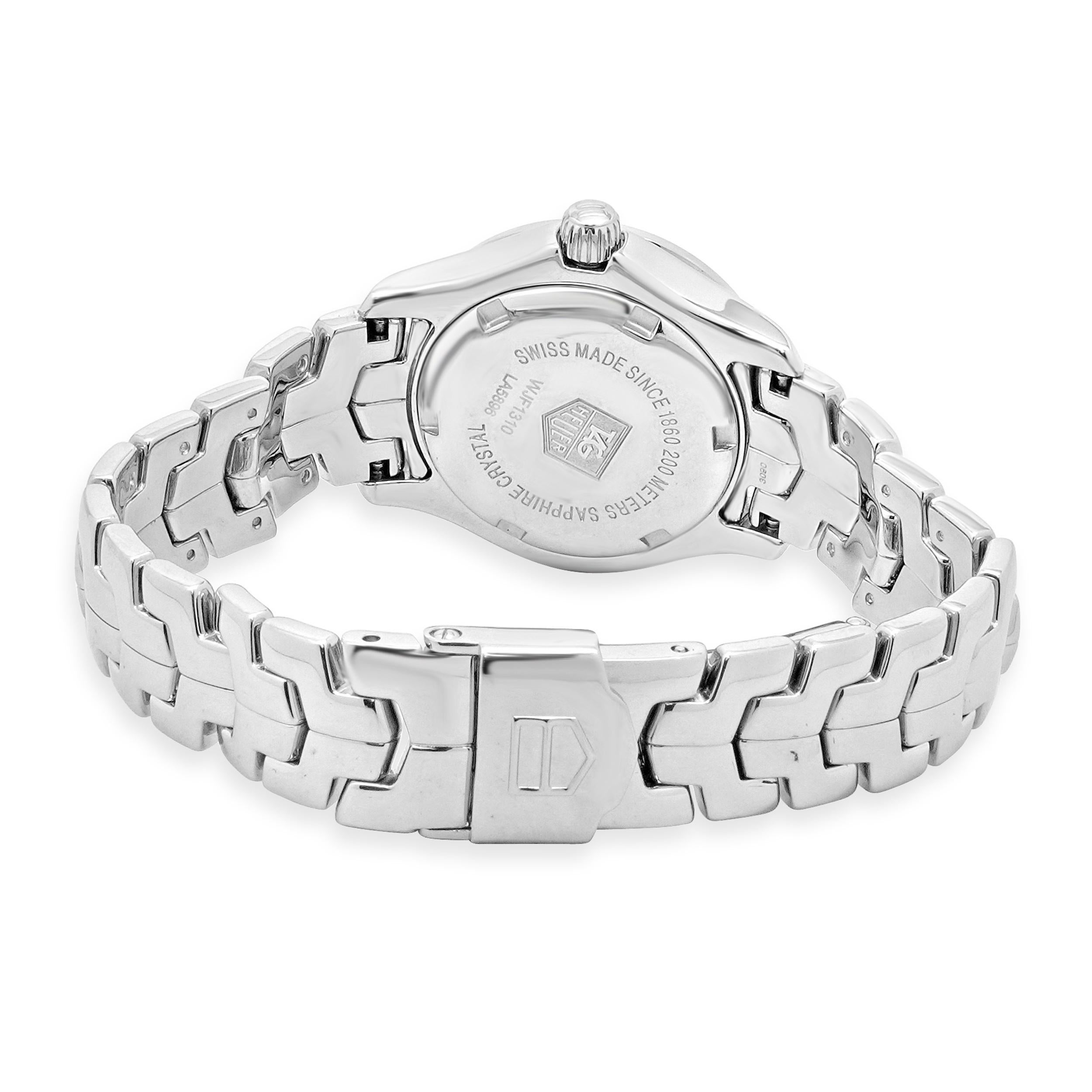 Movement: quartz
Function: hours, minutes, seconds, date
Case: 27mm round case, smooth bezel
Dial: mother of pearl
Band: stainless steel bracelet, integrated clasp
Reference#: WJF1310
Serial #: LA5XXX

Complete with original box, no