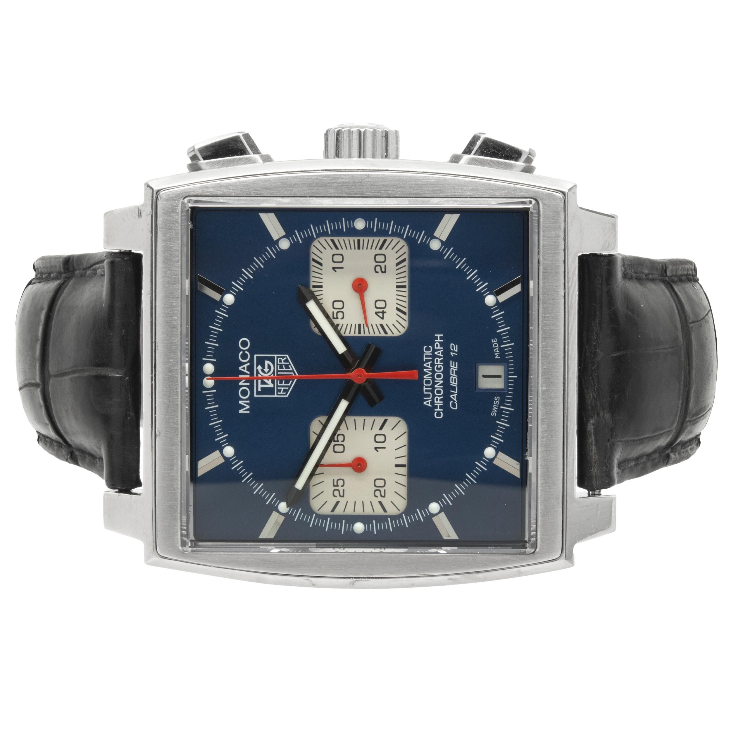 Movement: automatic
Function: hours, minutes, seconds, date
Case: 39 X 39mm square case, push/pull crown, chronograph 
Dial: blue stick chrono dial
Band: Tag Heuer leather strap, stainless steel deployment clasp
Reference#: CAW2111
Serial #: