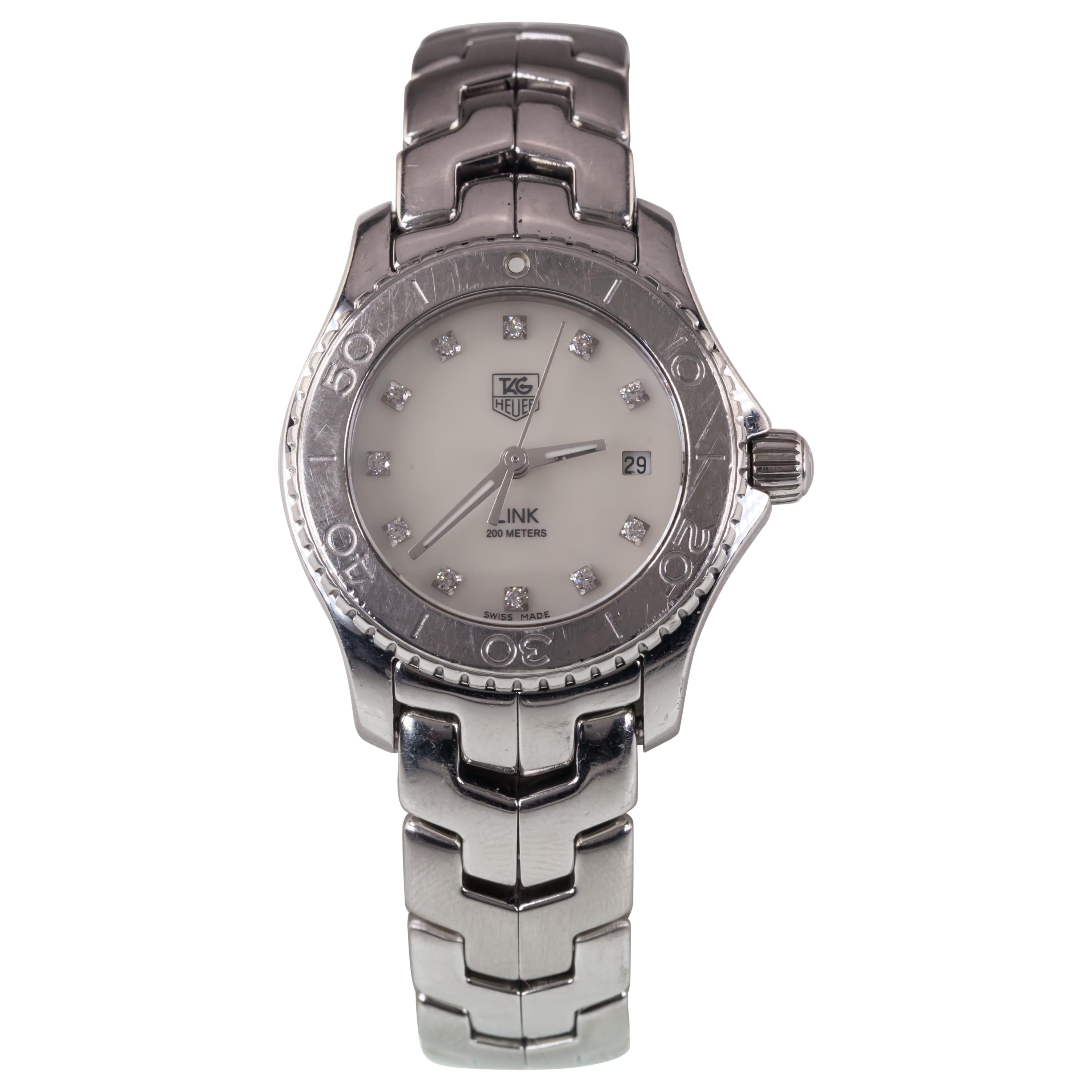 Montre Tag Heuer pour femme en acier inoxydable à maillons à quartz avec cadran en diamants MOP WJ1319 en vente