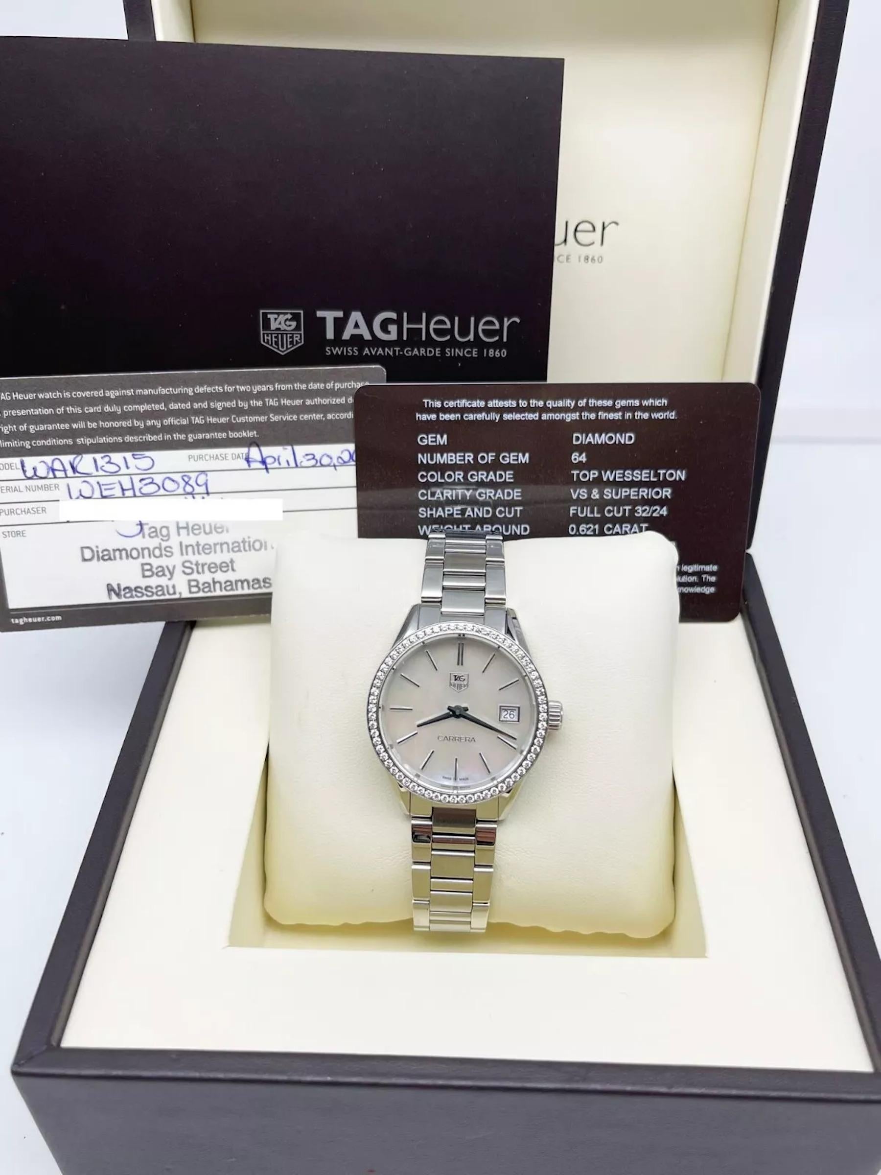 TAG Heuer WAR1315 Damen Carrera MOP Zifferblatt Diamant-Lünette 32mm Box Papier 2015 im Angebot 2