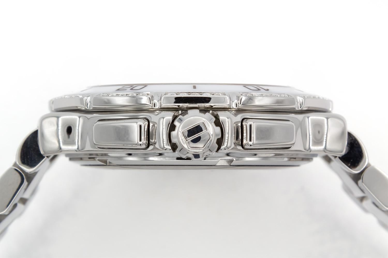 Round Cut TAG Heuer White Ceramic Stainless & Diamond Formula 1 Quartz Chronograph CAH1213