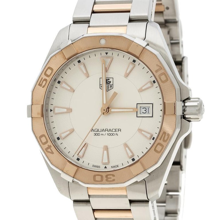Tag Heuer White Rose Gold Tone Stainless Steel Aquaracer Men's Wristwatch 40 mm In Good Condition For Sale In Dubai, Al Qouz 2