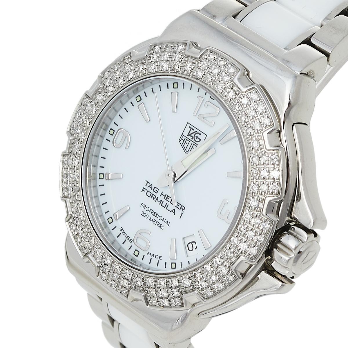 Contemporary Tag Heuer White Stainless Steel & Ceramic Diamonds Formula Women's Wristwatch 37