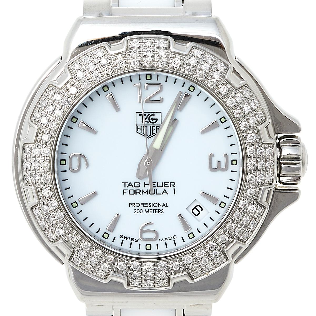 Tag Heuer White Stainless Steel & Ceramic Diamonds Formula Women's Wristwatch 37 In Good Condition In Dubai, Al Qouz 2