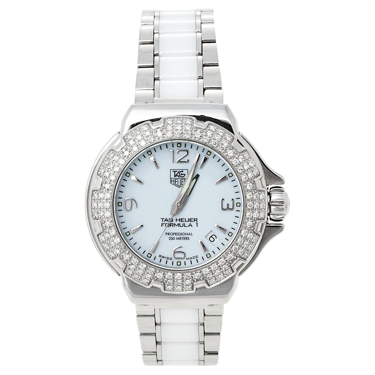 Tag Heuer White Stainless Steel & Ceramic Diamonds Formula Women's Wristwatch 37