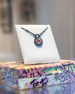 Tag Necklace, Blackened Silver and Rose Gold, Pink Sapphire