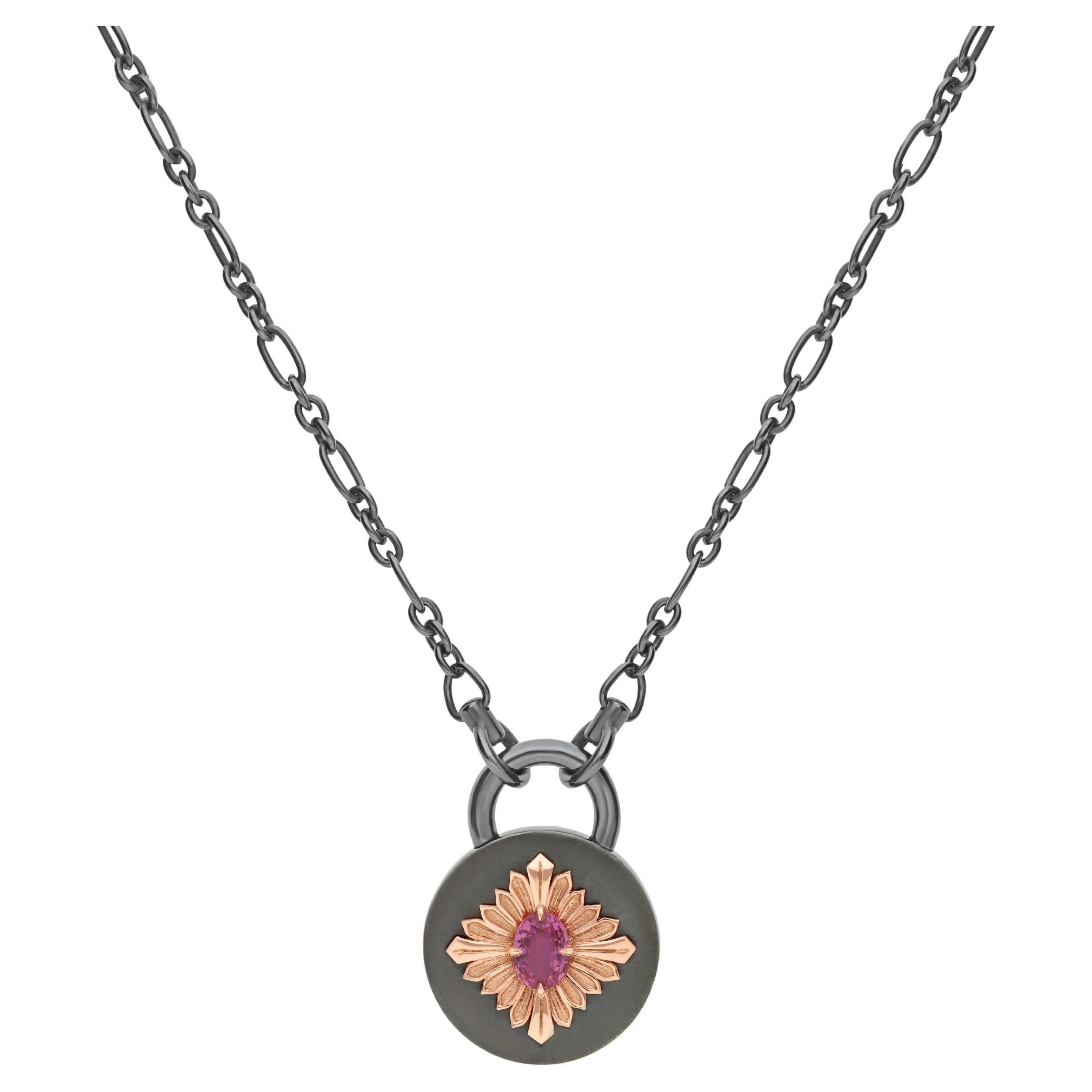 Tag Necklace, Blackened Silver and Rose Gold, Pink Sapphire For Sale