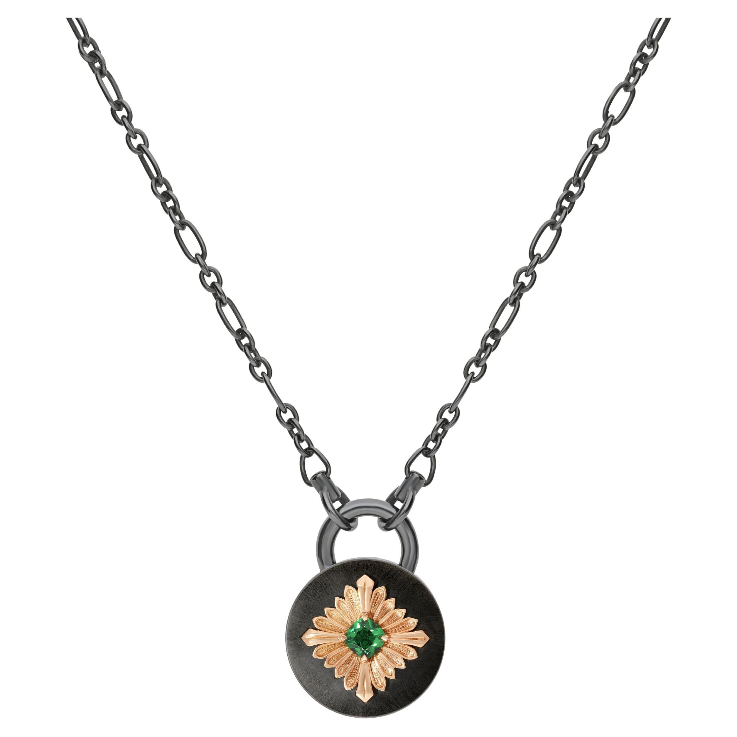 Tag Necklace, Blackened Silver and Yellow Gold, Tsavorite