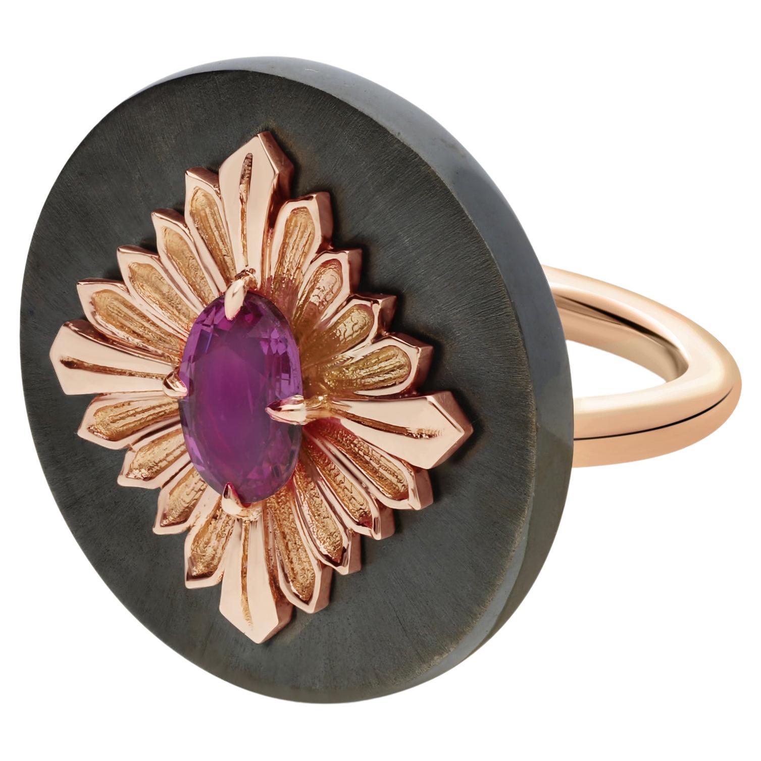 Tag Ring, Blackened Silver and Rose Gold, Pink Sapphire