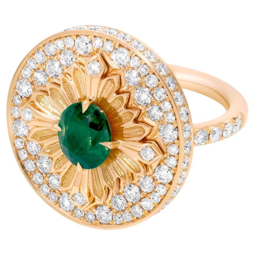Tag Ring, Yellow Gold, Diamond Paved and Emerald