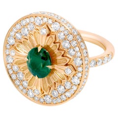 Tag Ring, Yellow Gold, Diamond Paved and Emerald