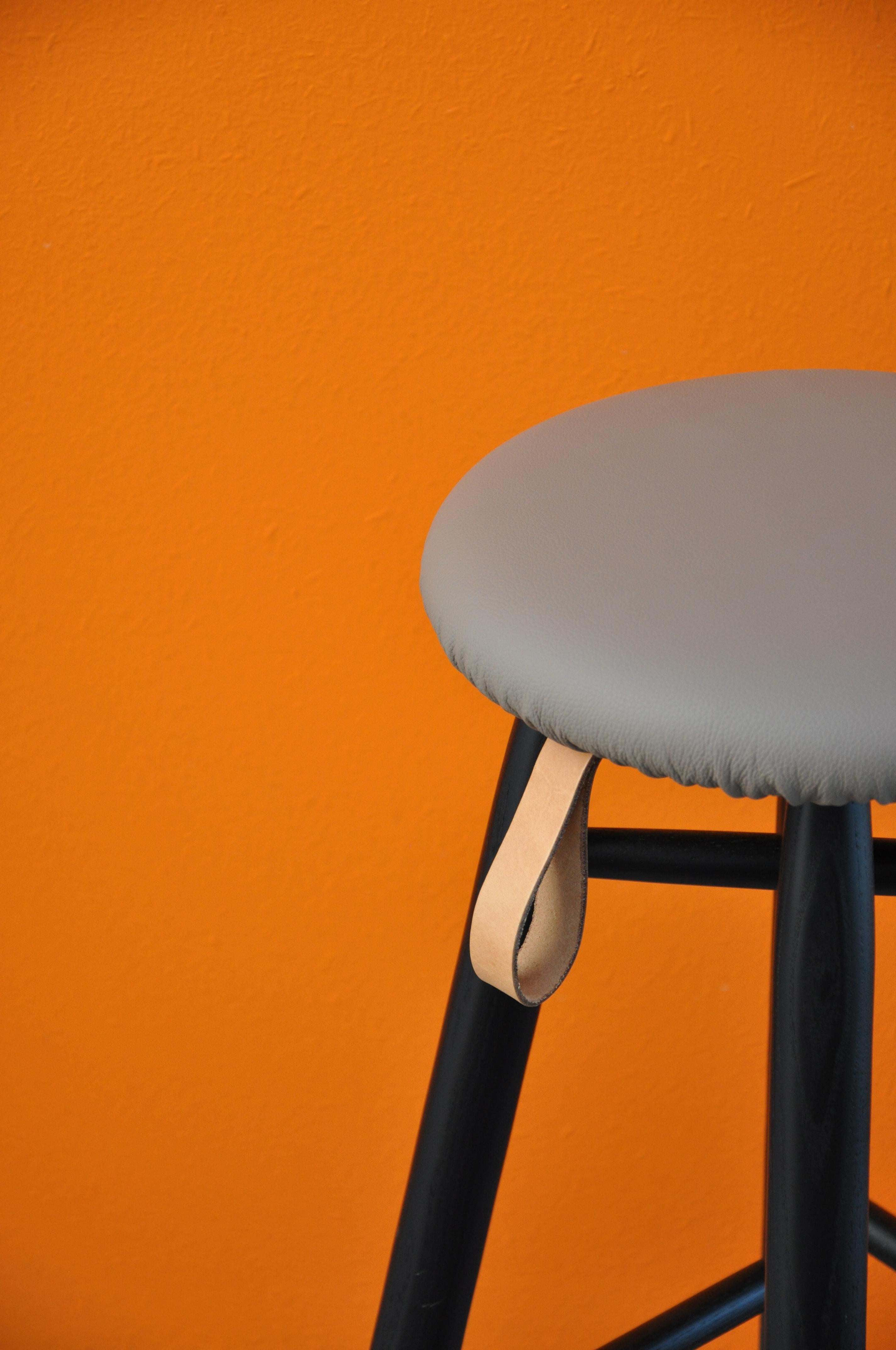 Contemporary TAG Stool High, Black Ash Structure & Leather-Upholstered Seat by Ichiro Iwasaki For Sale