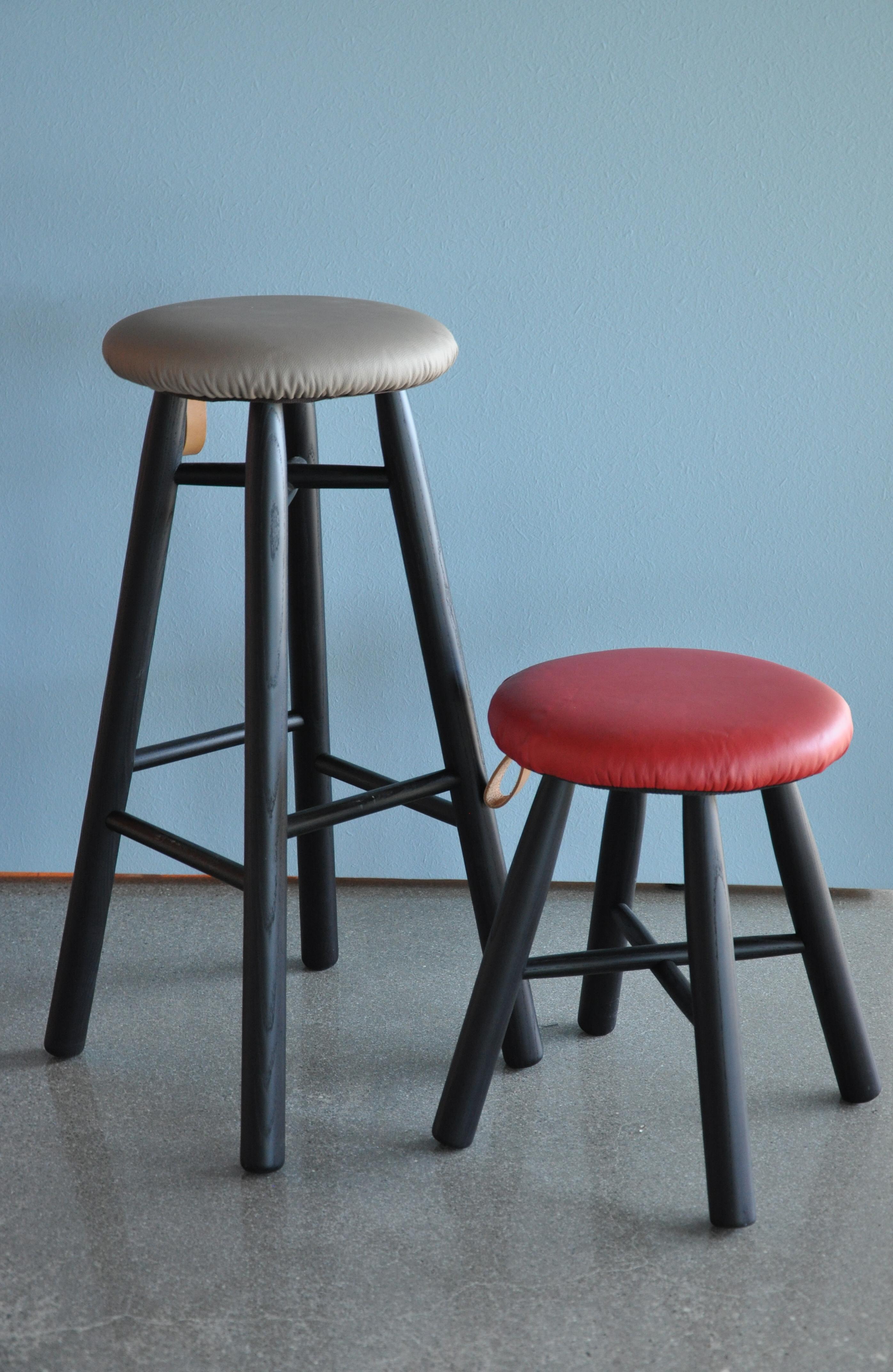 TAG Stool High, Black Ash Structure & Leather-Upholstered Seat by Ichiro Iwasaki For Sale 1