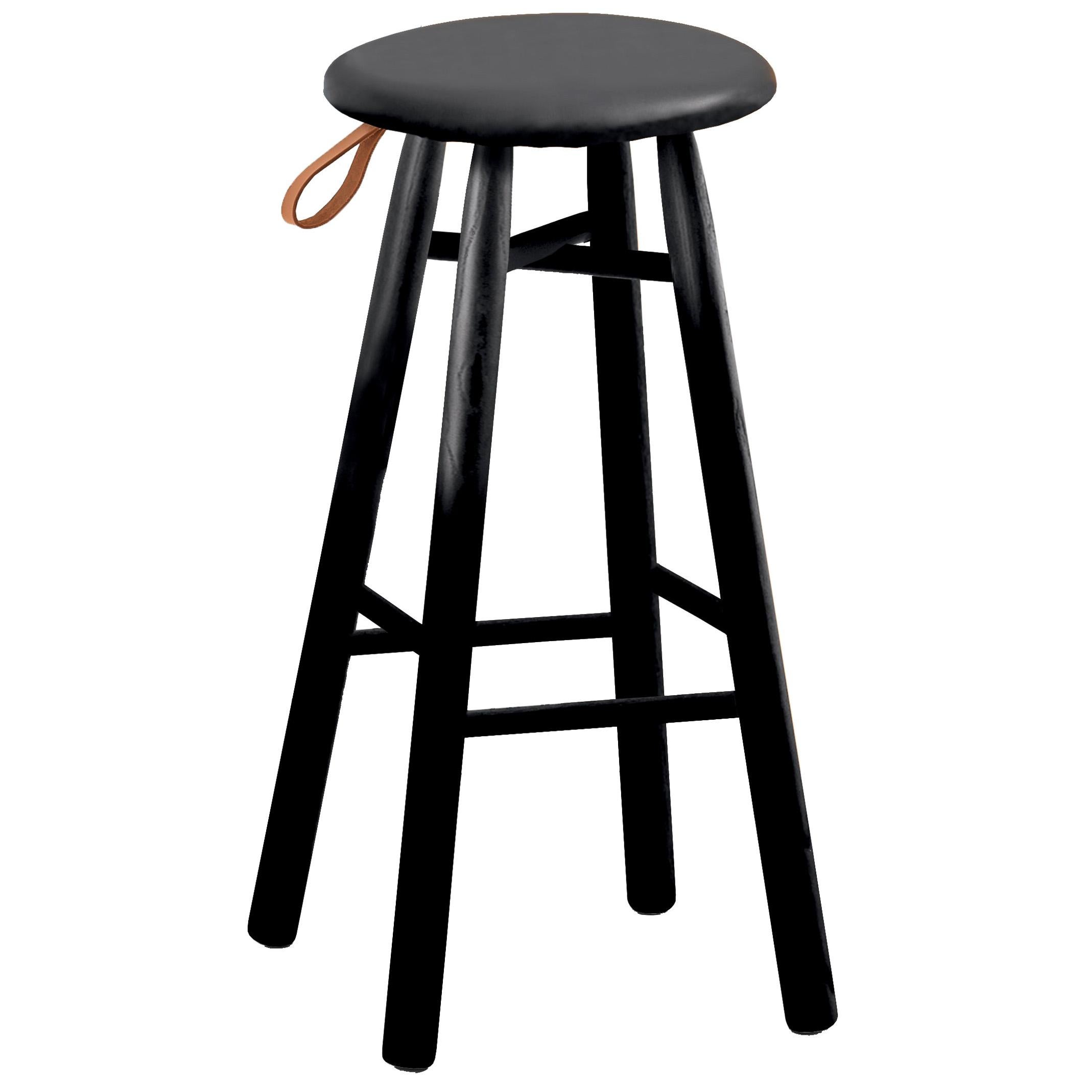 TAG Stool High, Black Ash Structure & Leather-Upholstered Seat by Ichiro Iwasaki For Sale