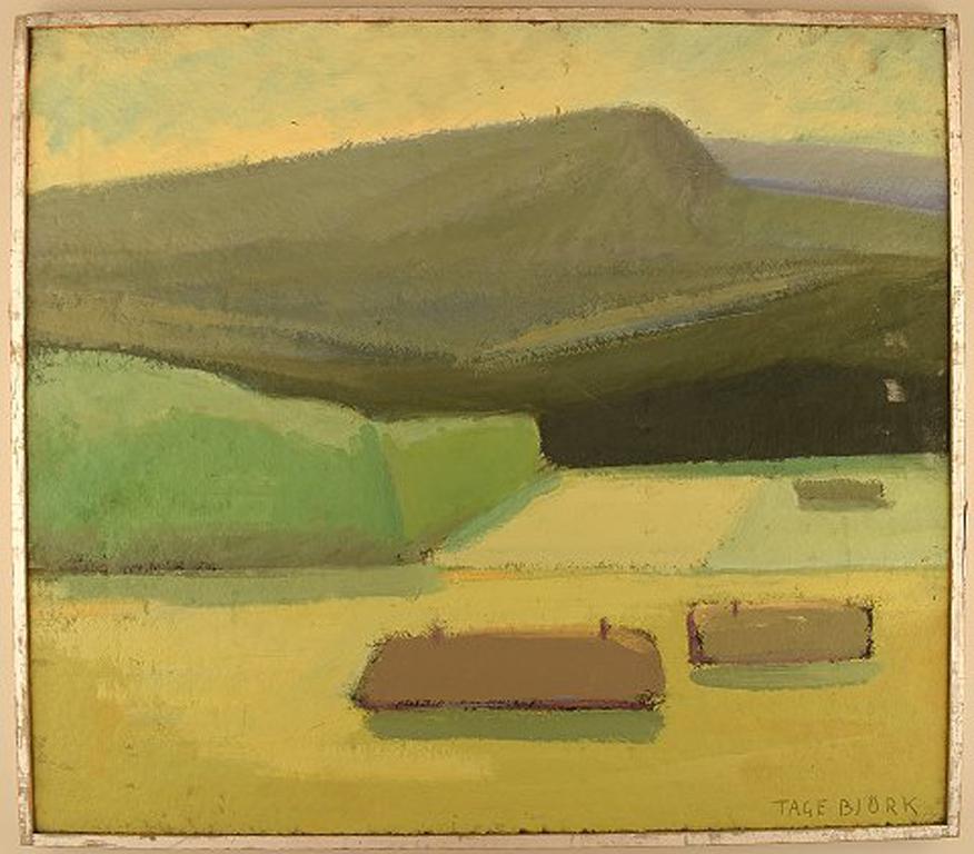 Tage Björk (1909-1980). Swedish painter. Modernist landscape with houses. Oil on board. 1960s.
Signed.
In very good condition.
The board measures: 60 x 53 cm
The frame measures: 1 cm.
Tage Björk was educated at the Technical School in