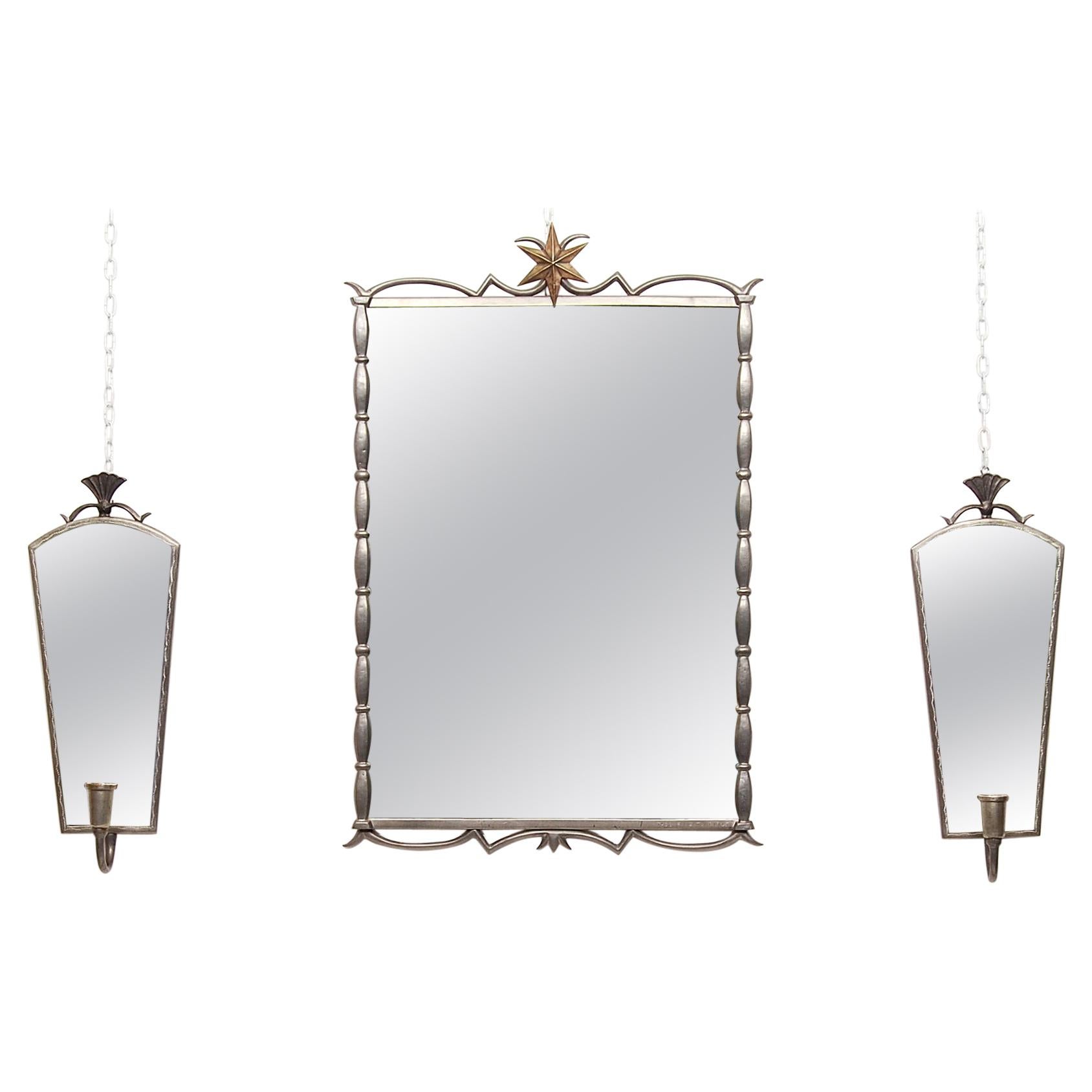 Tage Fougstedt Pewter Mirror and Sconces, Swedish Grace, 1920s