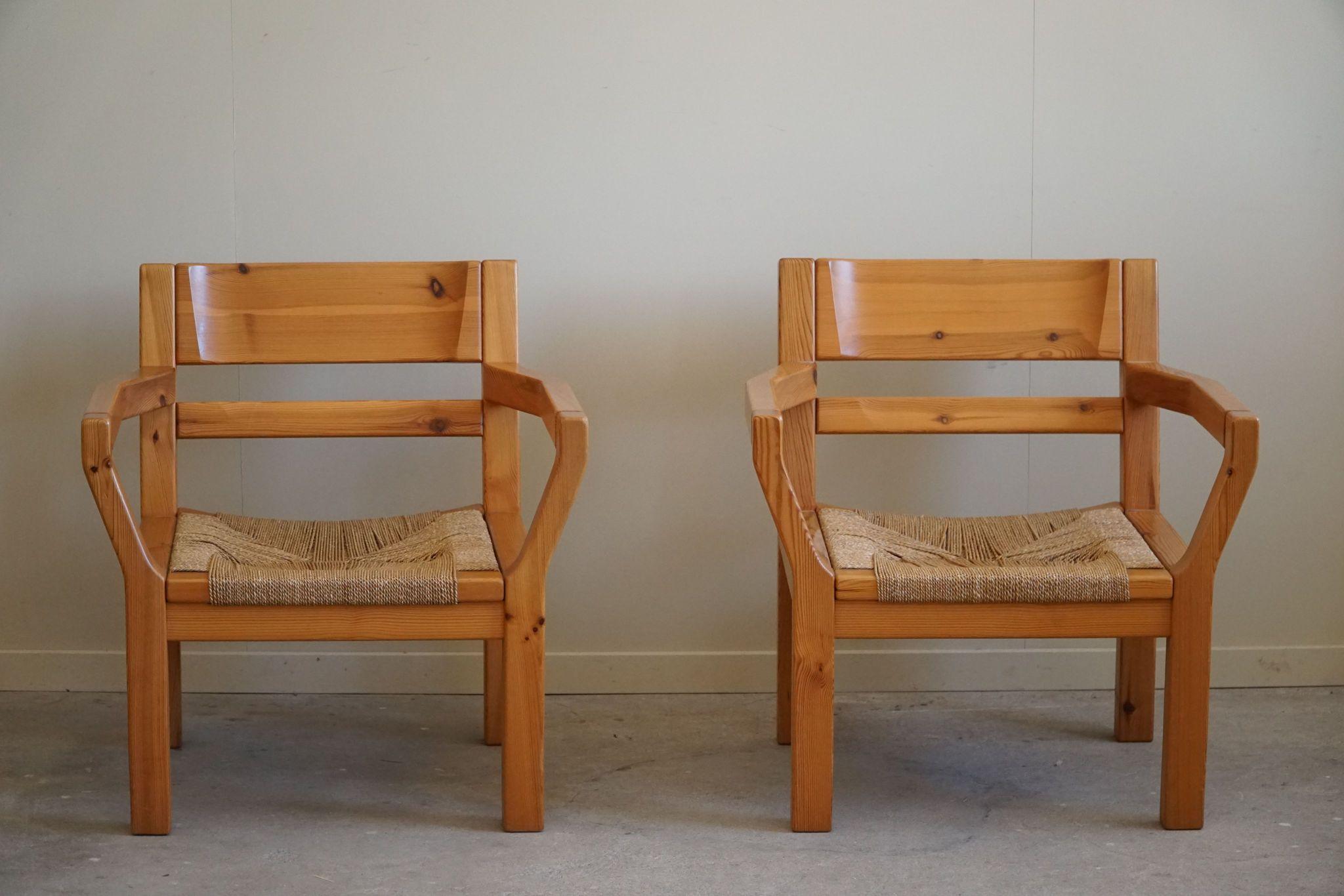 20th Century Tage Poulsen, A Pair of Brutalist Chairs in Pine & Cord, Danish Modern, 1970s For Sale